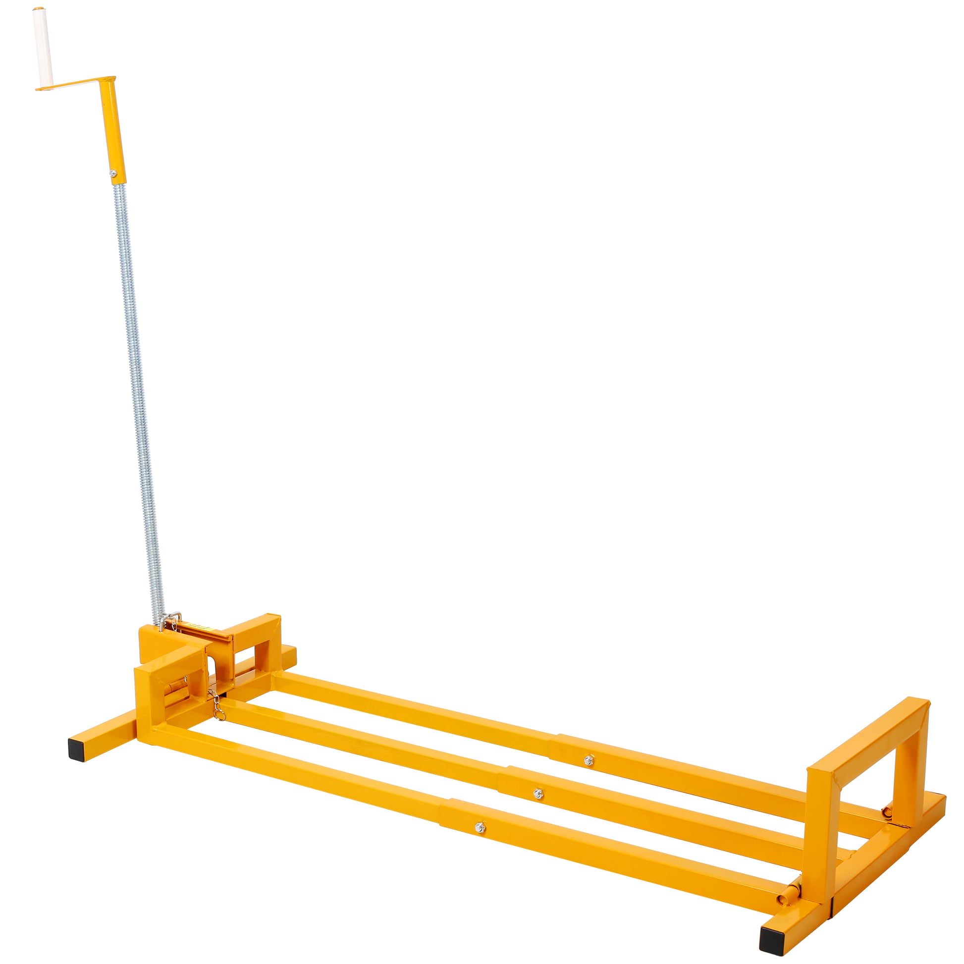 Yellow metal log splitter stand with crank and spring mechanism for home use