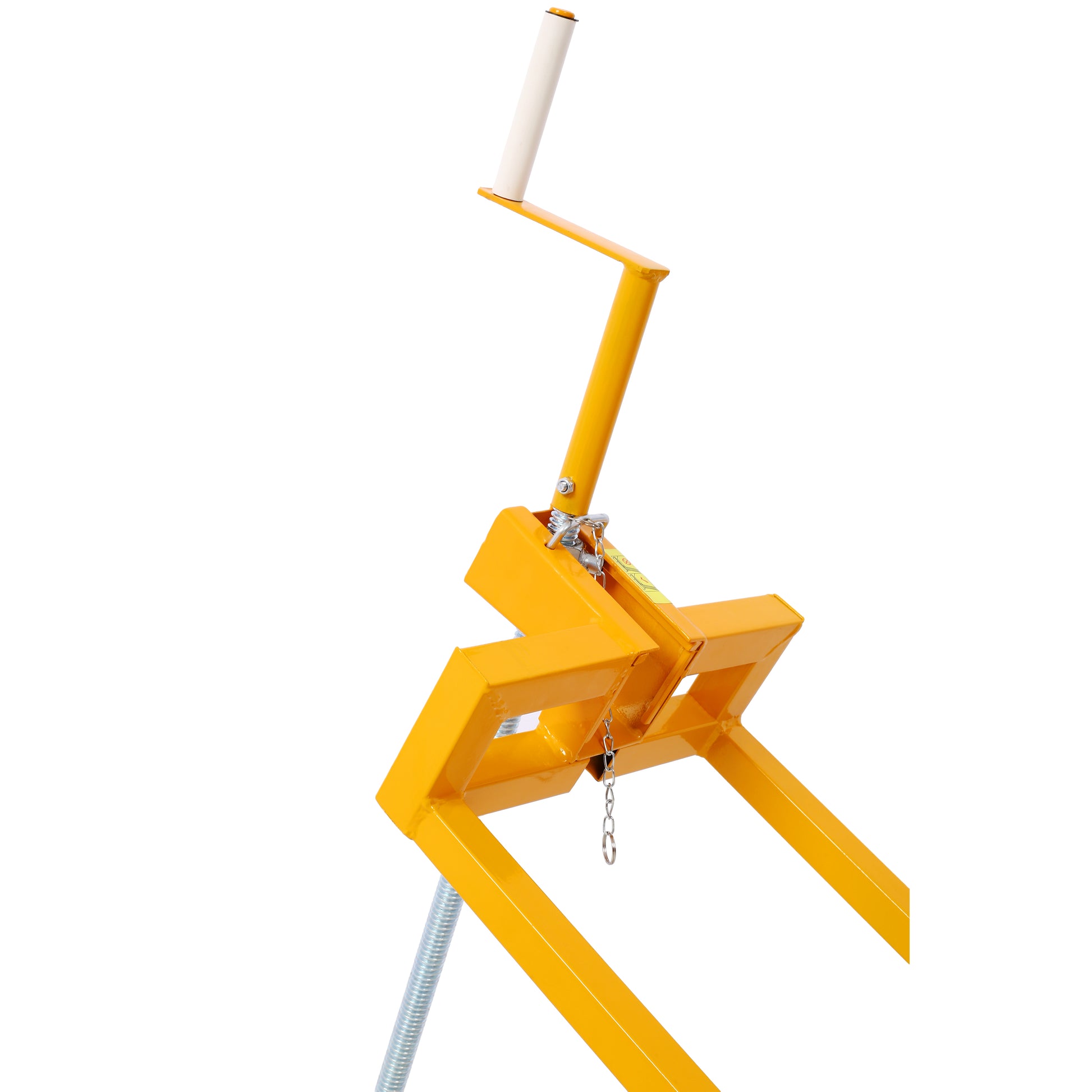 Yellow metal wheel chock with a springloaded mechanism and a white rubber grip on the handle