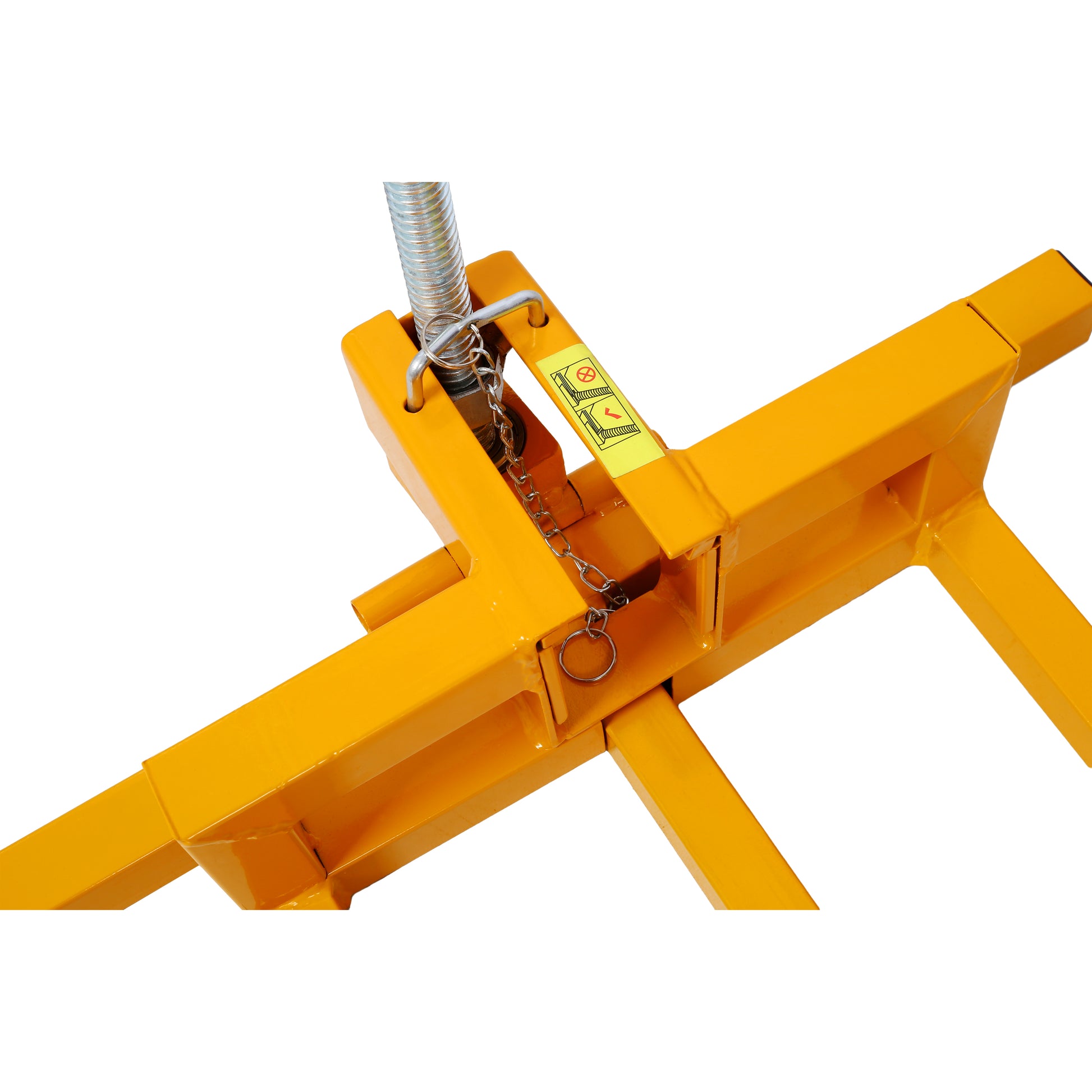 Yellow metal wheel chock with a silver chain and spring mechanism for securing vehicles