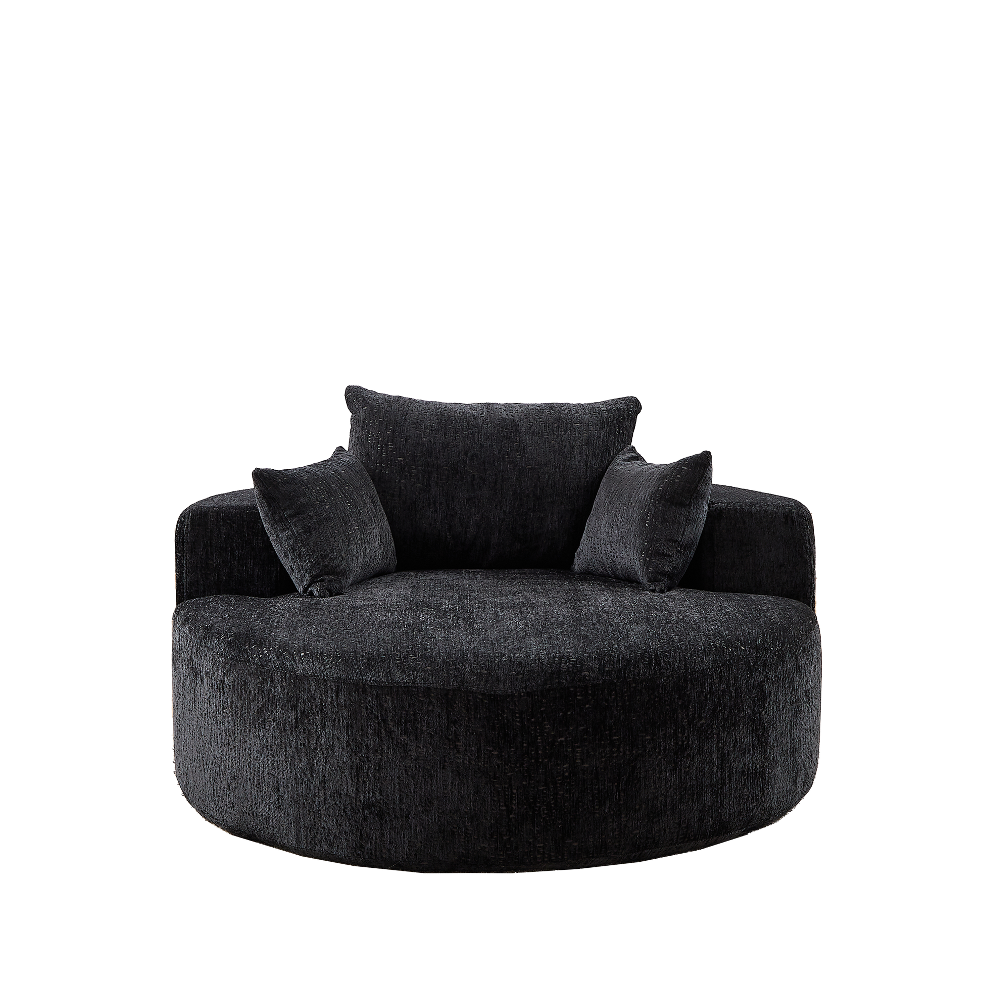 Plush black swivel chair with textured fabric and matching cushions perfect for small living spaces