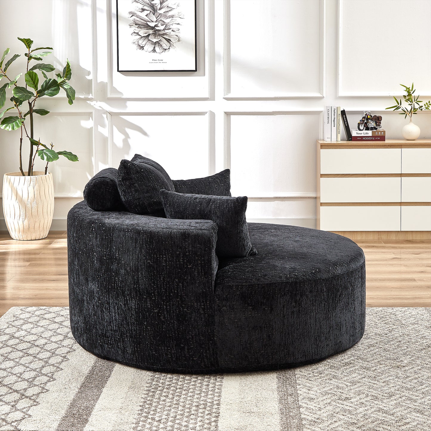 Plush round sectional sofa in textured dark gray fabric perfect for modern living rooms