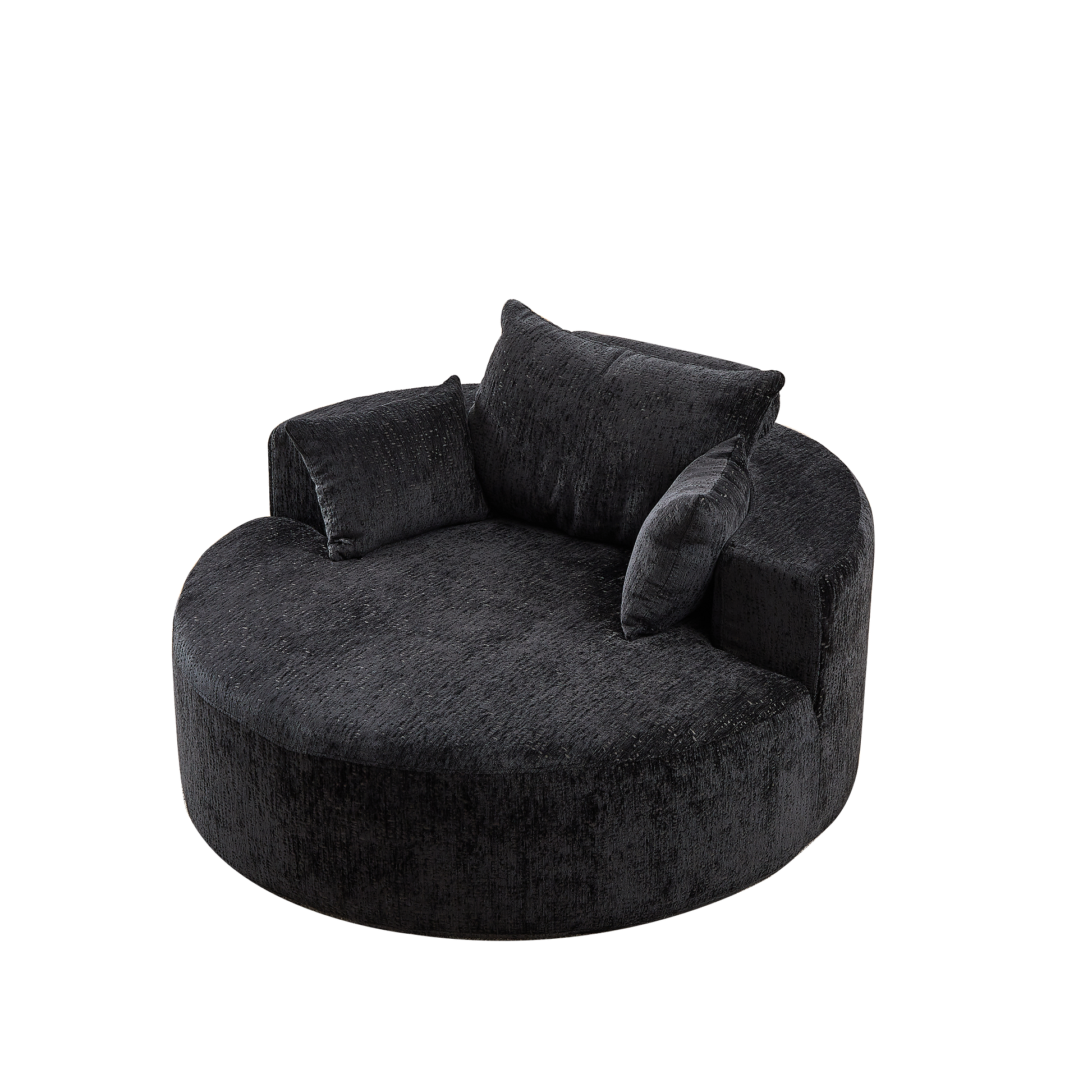Plush black swivel chair with textured fabric and matching throw pillows for modern living rooms