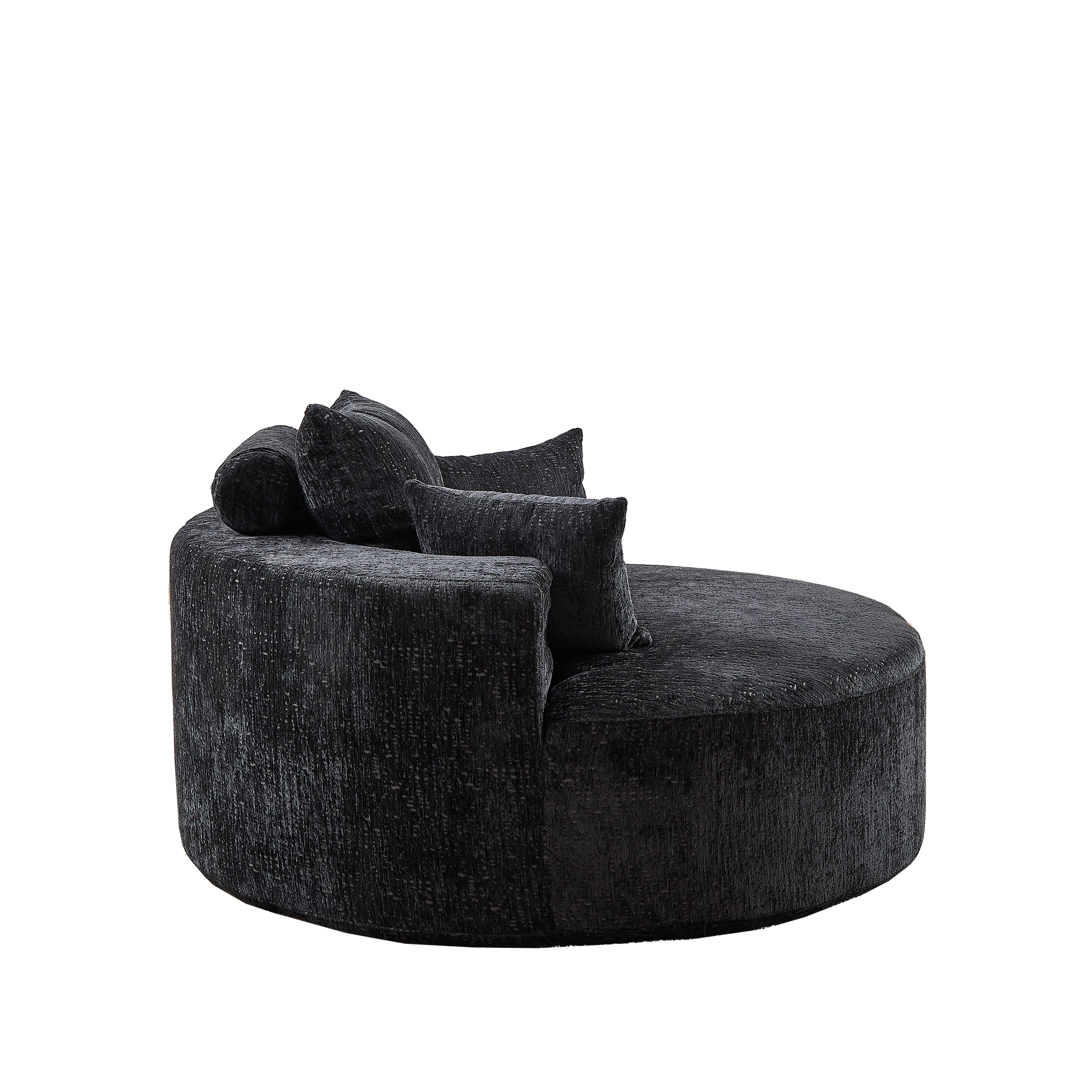 Black textured round accent chair with matching throw pillows