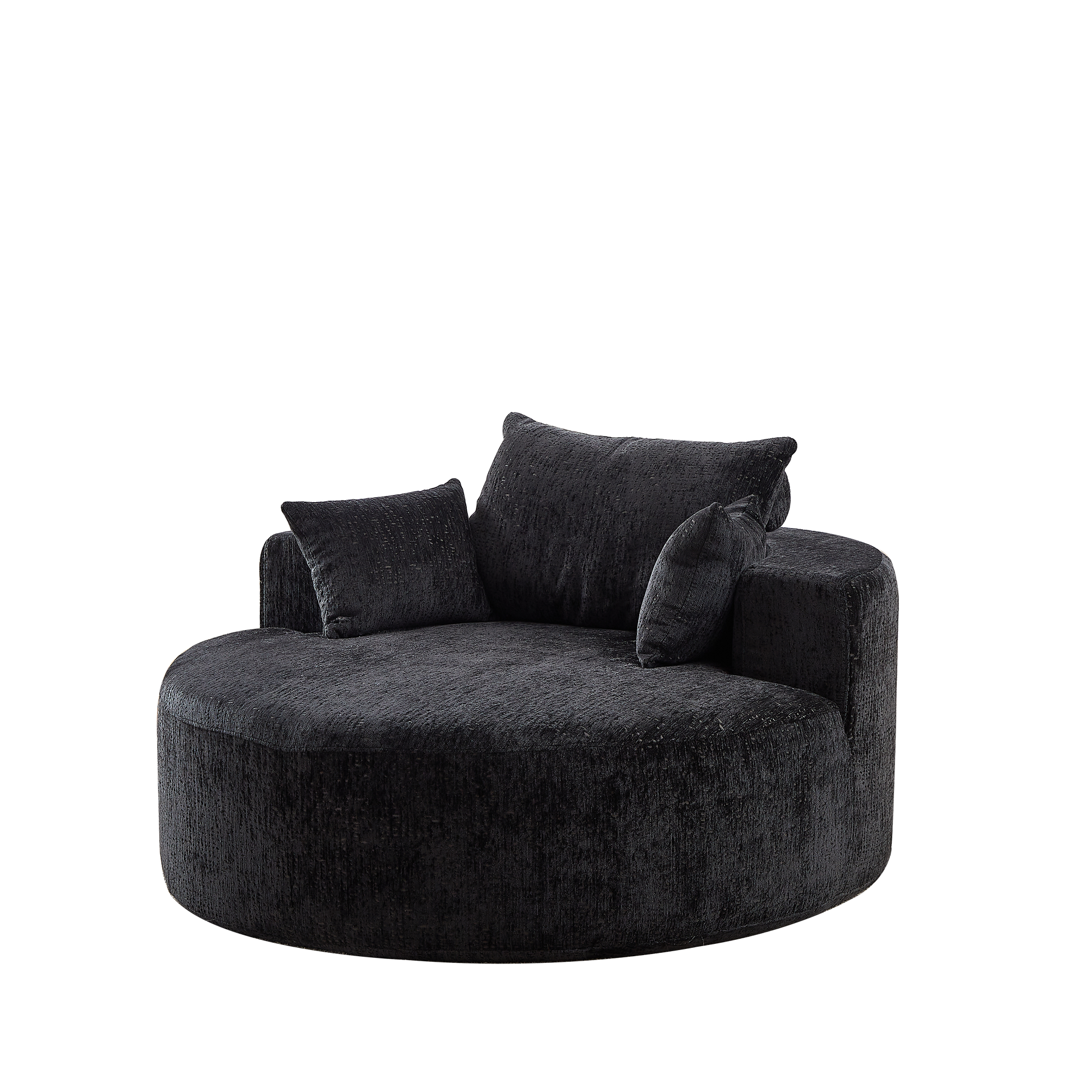 Black textured swivel chair with plush accent pillows perfect for modern living rooms