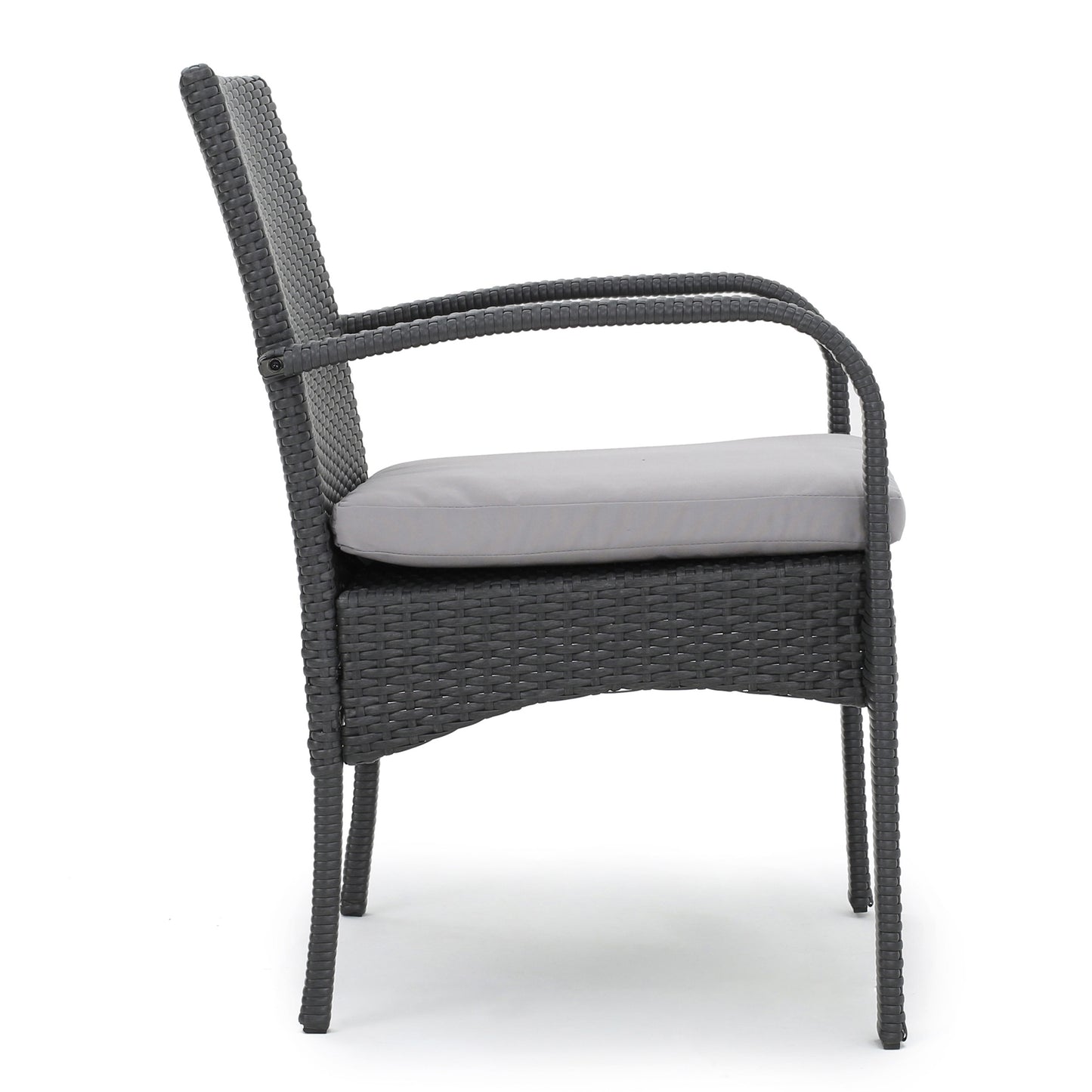 Dark grey wicker patio chair with a light grey cushion featuring curved armrests for outdoor comfort