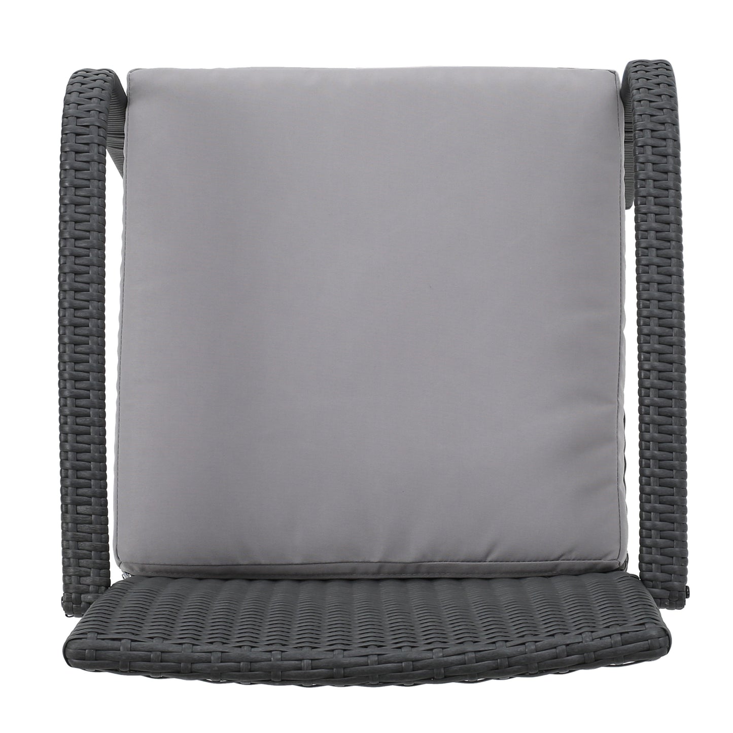 Gray wicker chair with plush seat cushion perfect for patio relaxation