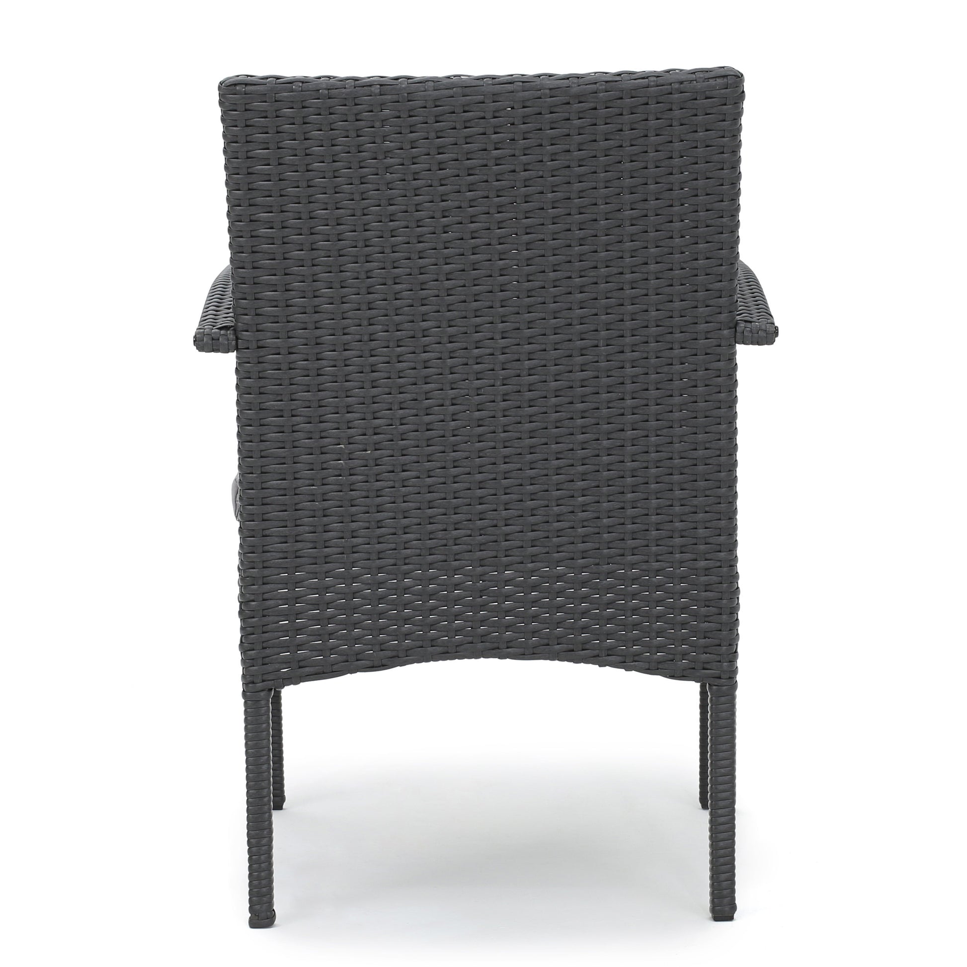 Dark gray wicker patio chair back view with sturdy armrests and legs
