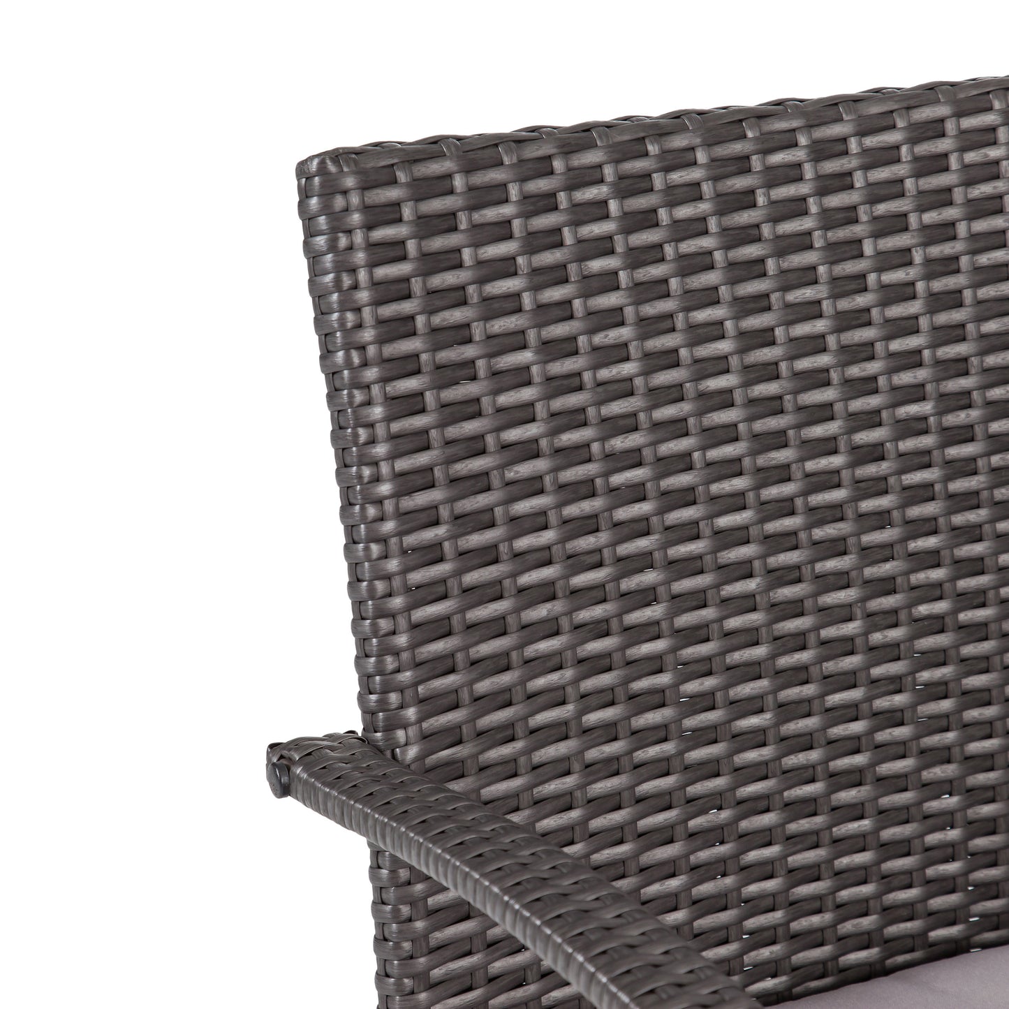 Dark gray wicker patio chair armrest detail