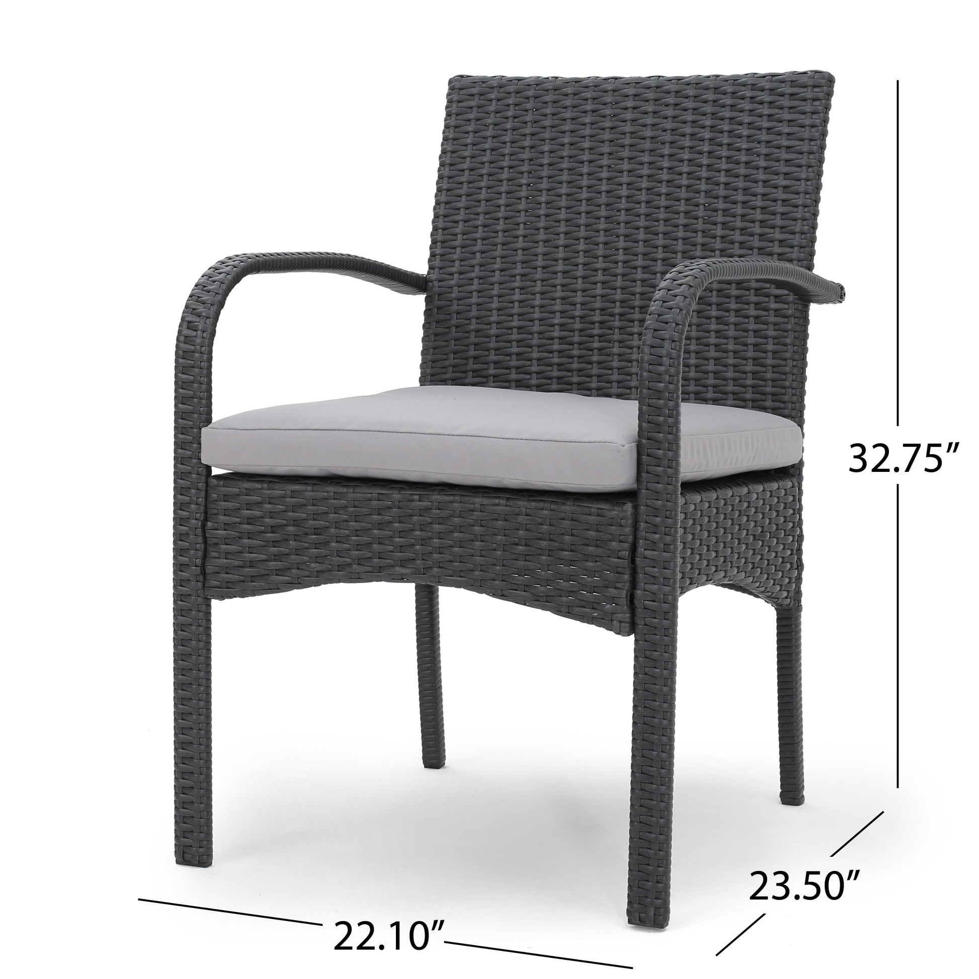 Dark gray wicker patio chair with light gray seat cushion