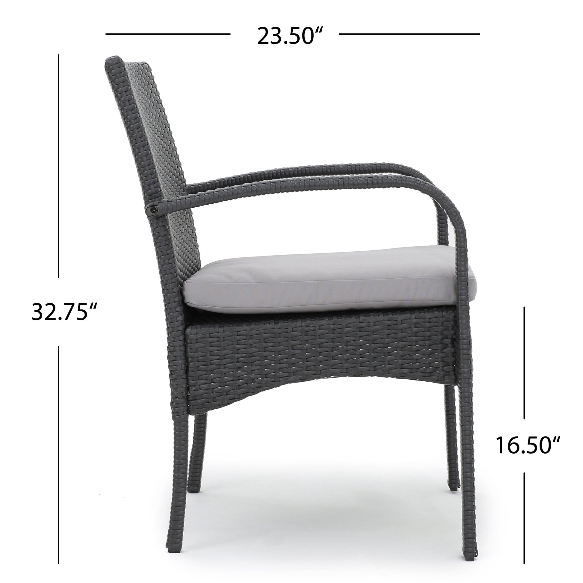 Dark gray wicker patio chair with a light gray cushion and armrests perfect for outdoor seating