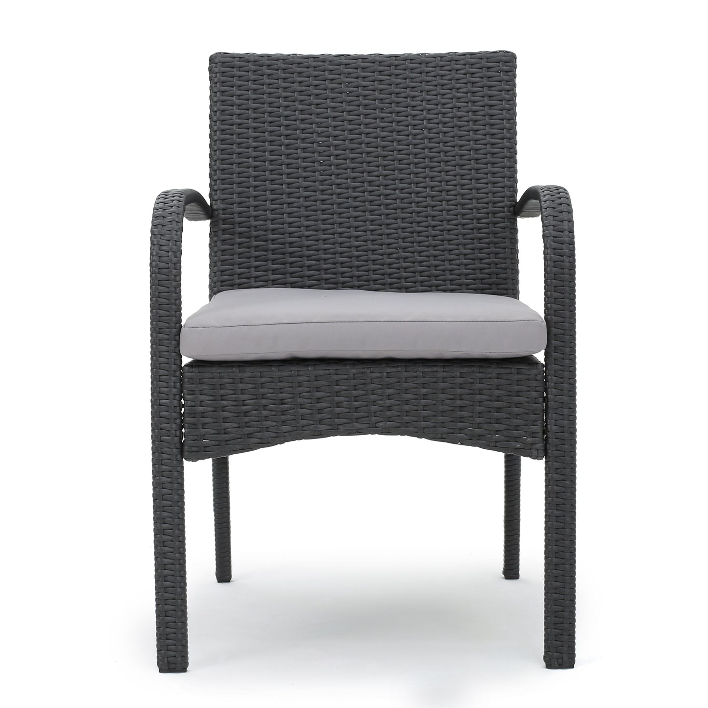 Dark grey wicker outdoor chair with light grey cushion