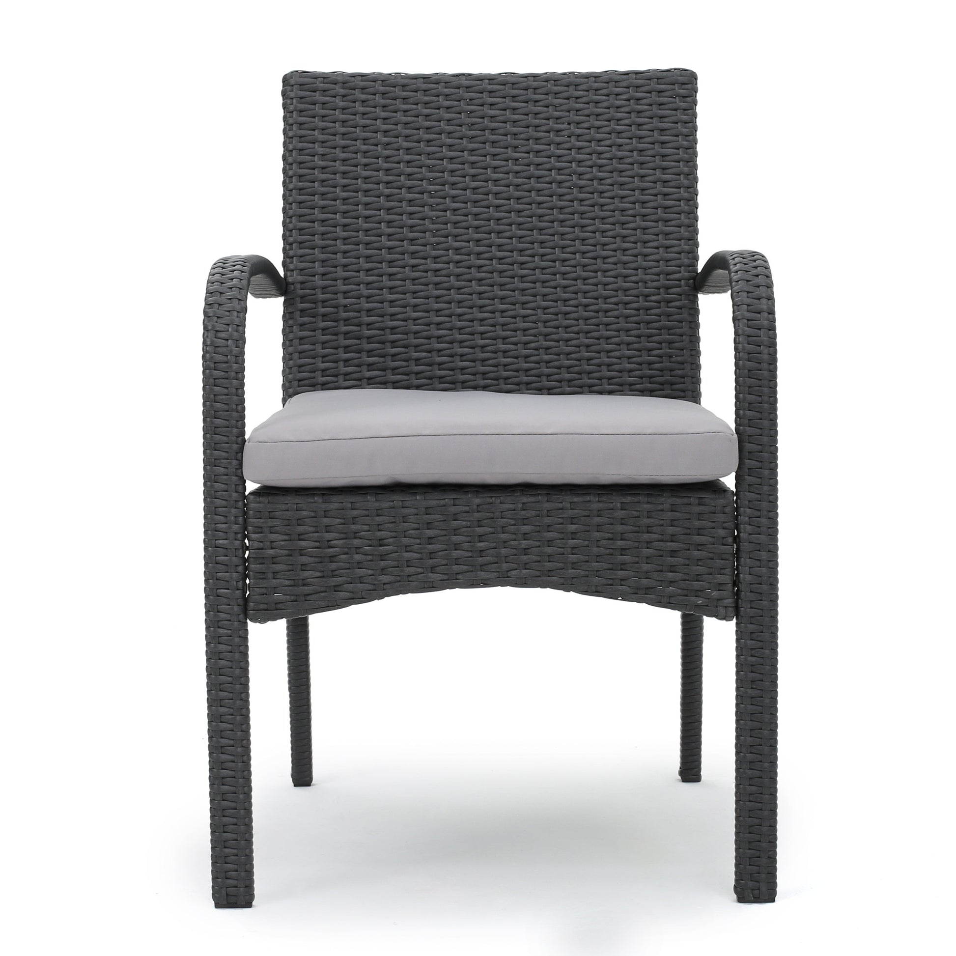 Dark grey wicker outdoor chair with light grey cushion