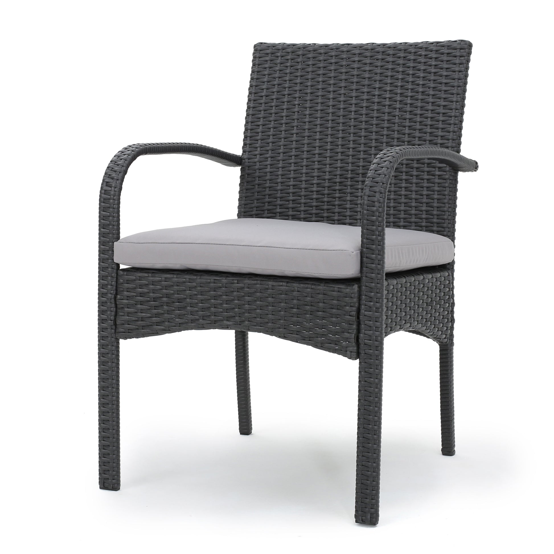 Dark gray wicker patio chair with a plush gray cushion and armrests for outdoor seating