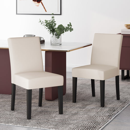 Two upholstered dining chairs in cream fabric with dark wood legs offer modern comfort for any home