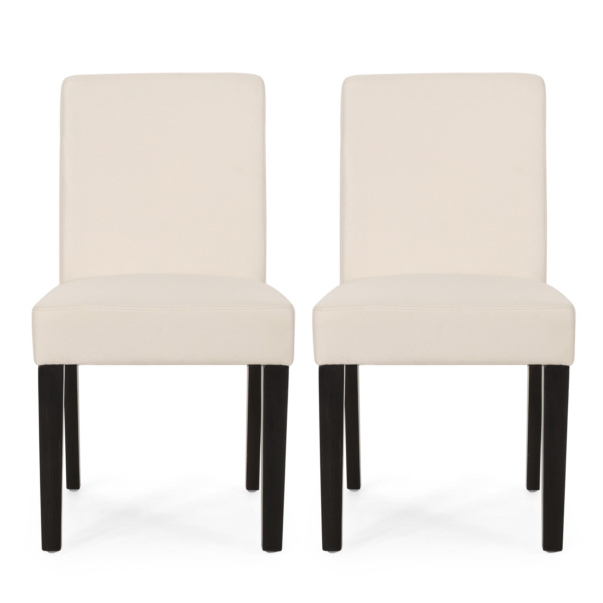 Two cream upholstered dining chairs with dark wood legs