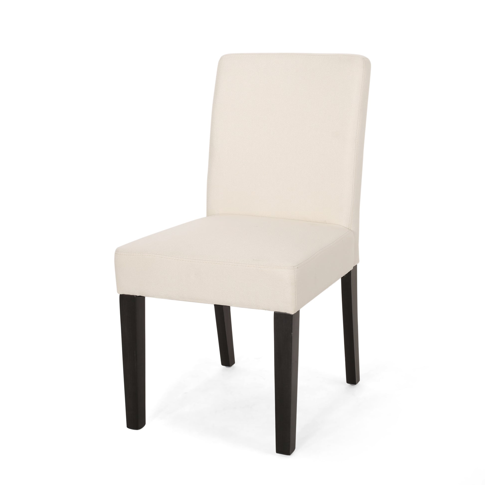 Cream fabric dining chair with dark espresso legs