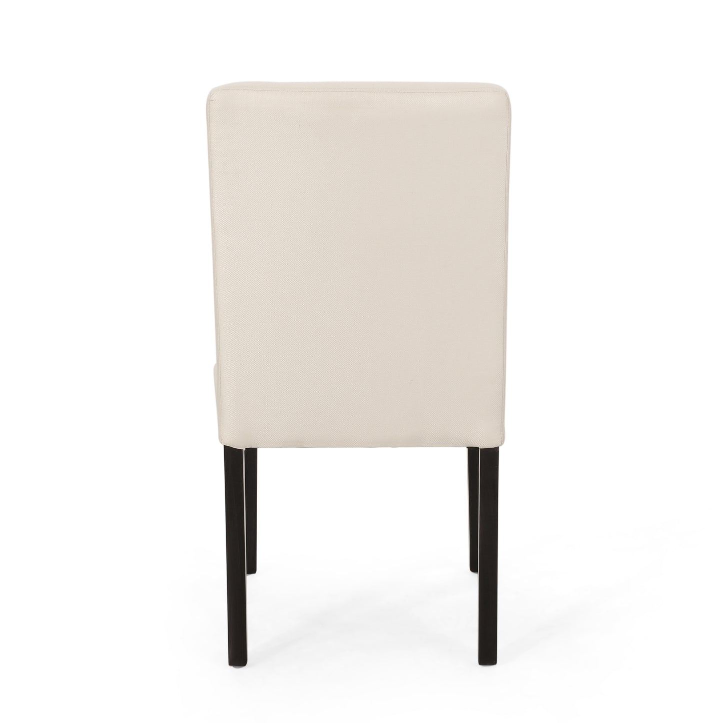 Back view of a cream upholstered dining chair with dark wooden legs