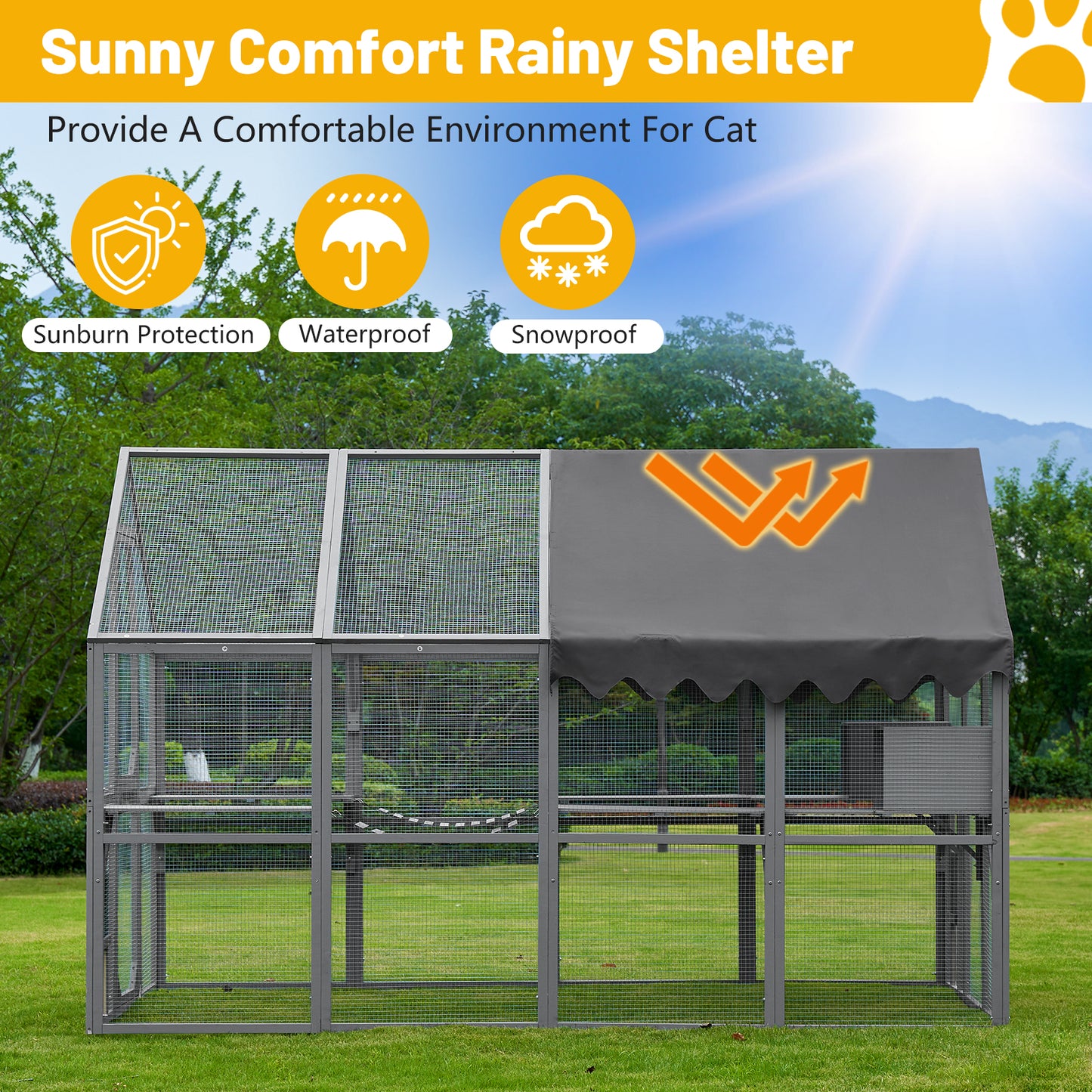 Spacious outdoor cat enclosure with mesh panels and a grey waterproof canopy