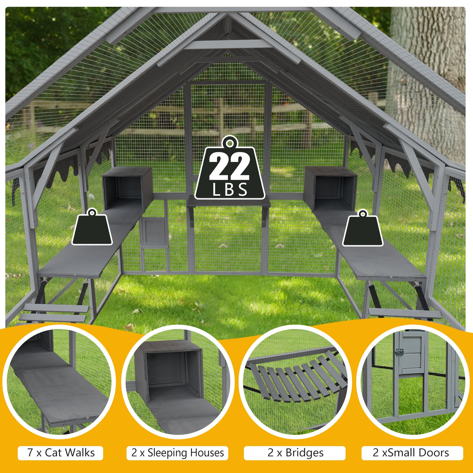 Spacious wooden catio with multiple levels and enclosed sleeping boxes for outdoor pets