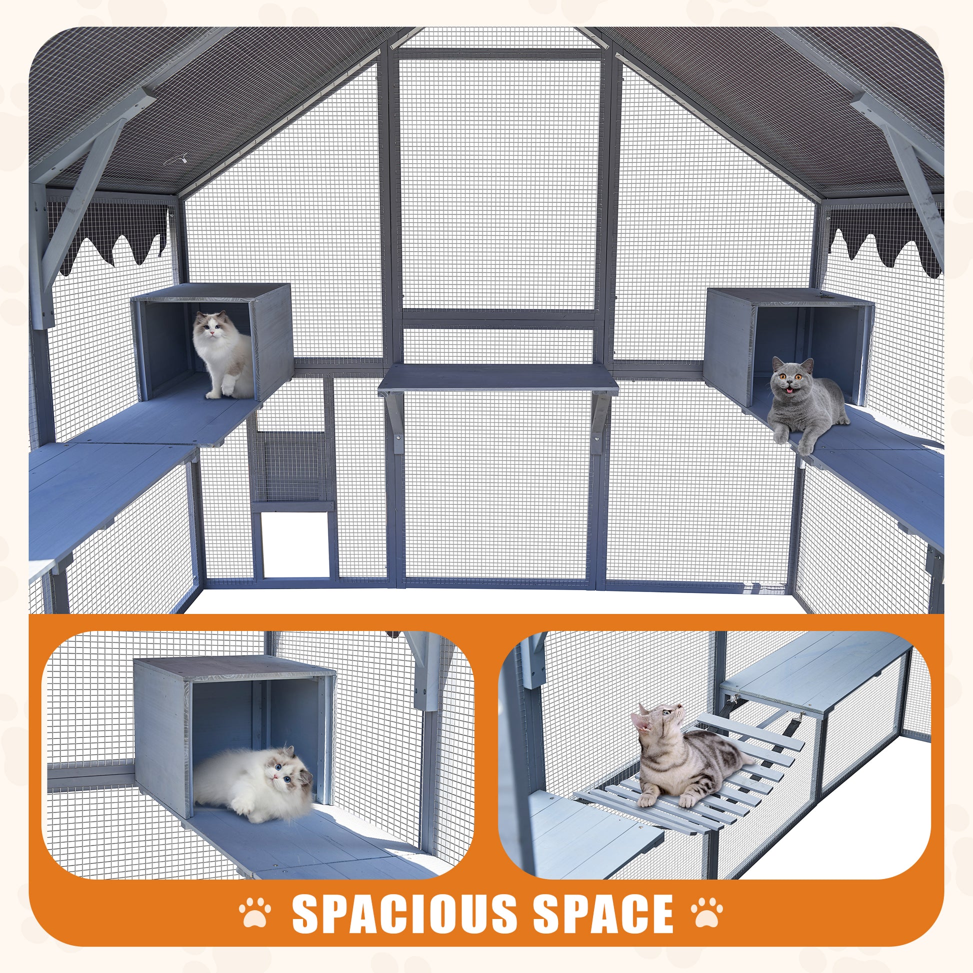 Gray multilevel wooden cat enclosure with two fluffy cats enjoying the space