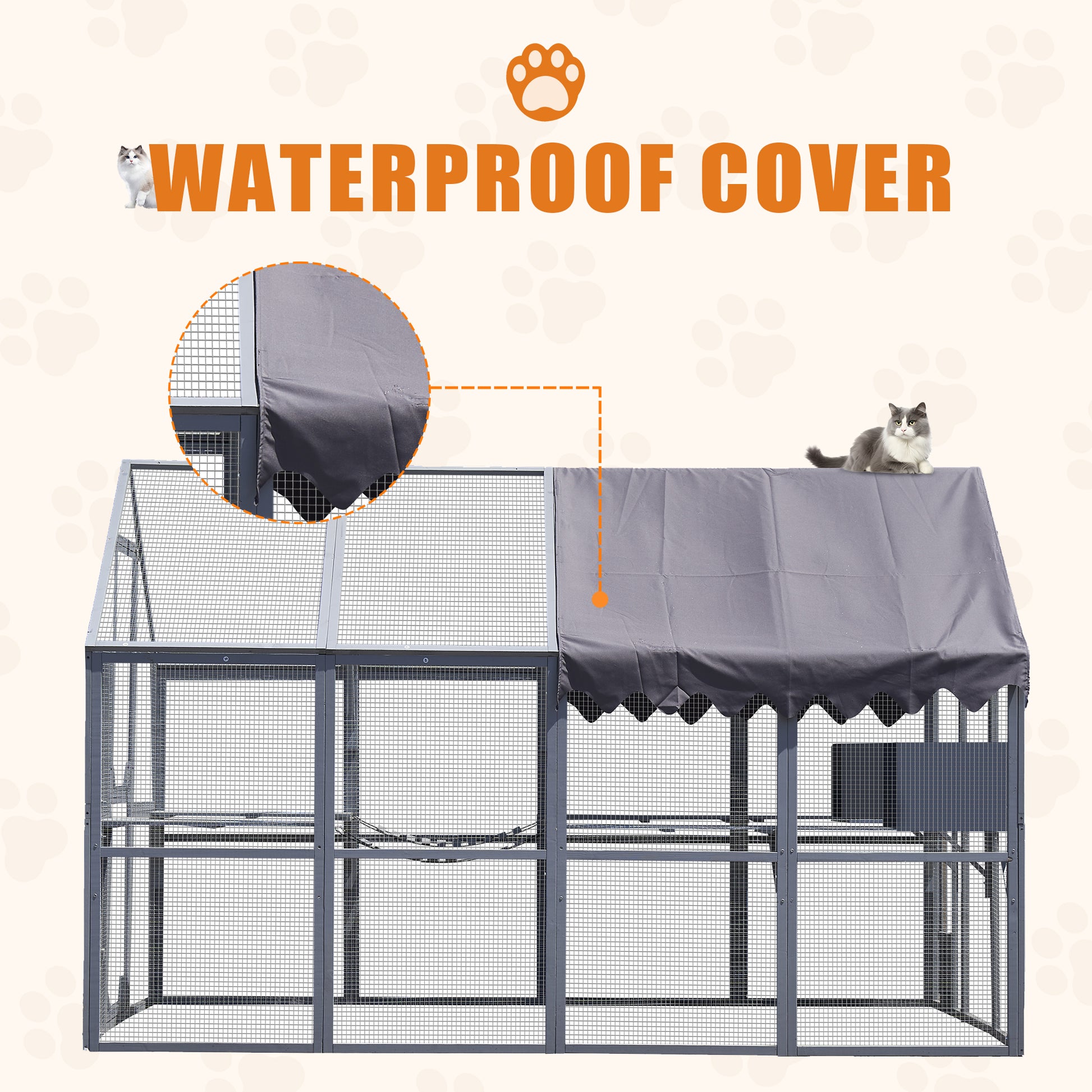 Gray waterproof cover for outdoor cat enclosure protecting pets from elements