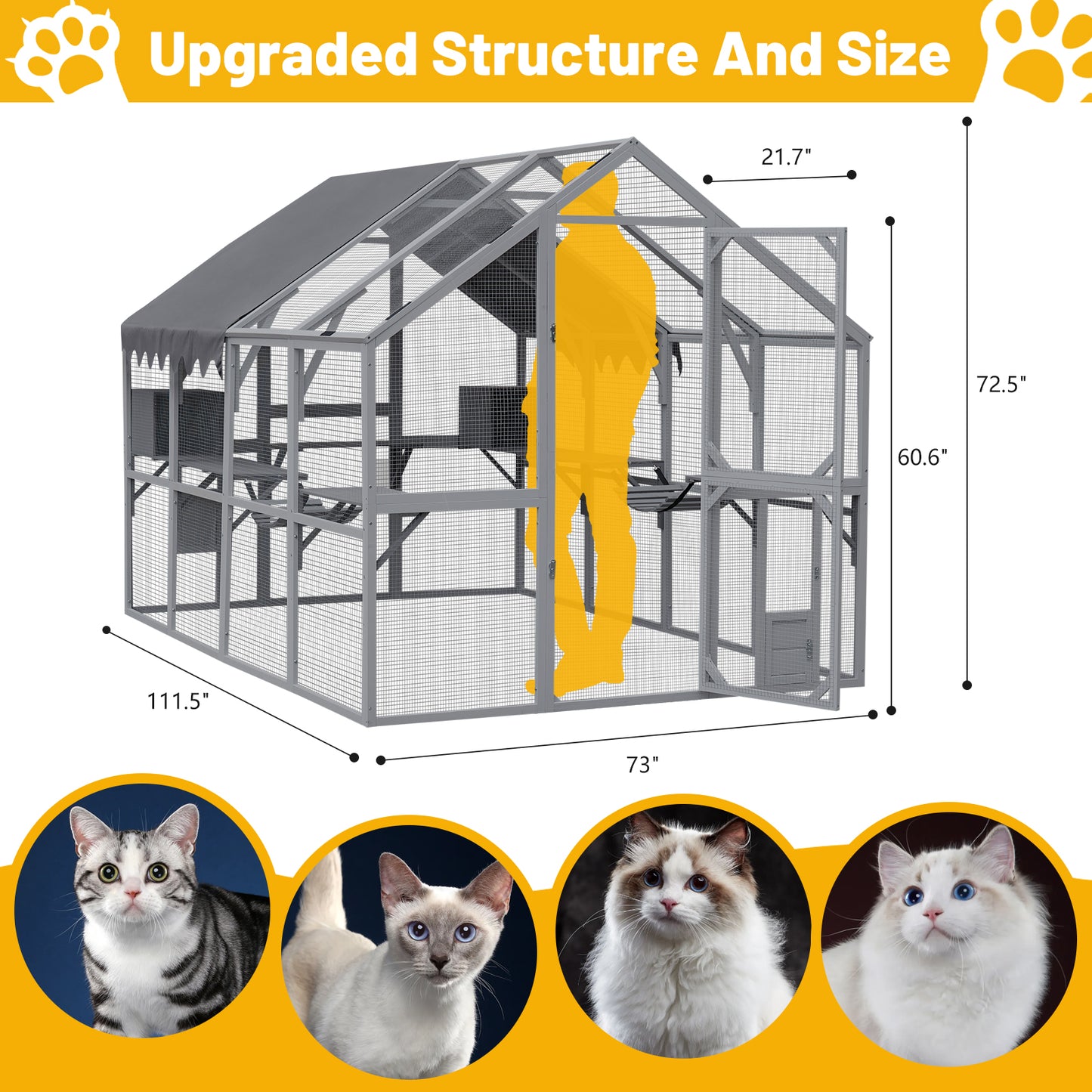 Spacious outdoor cat enclosure with wire mesh and gray frame  inches long