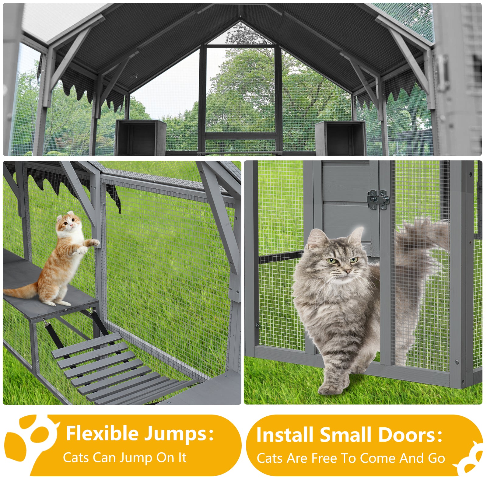 Gray wooden outdoor cat enclosure with multilevel platforms and ramps