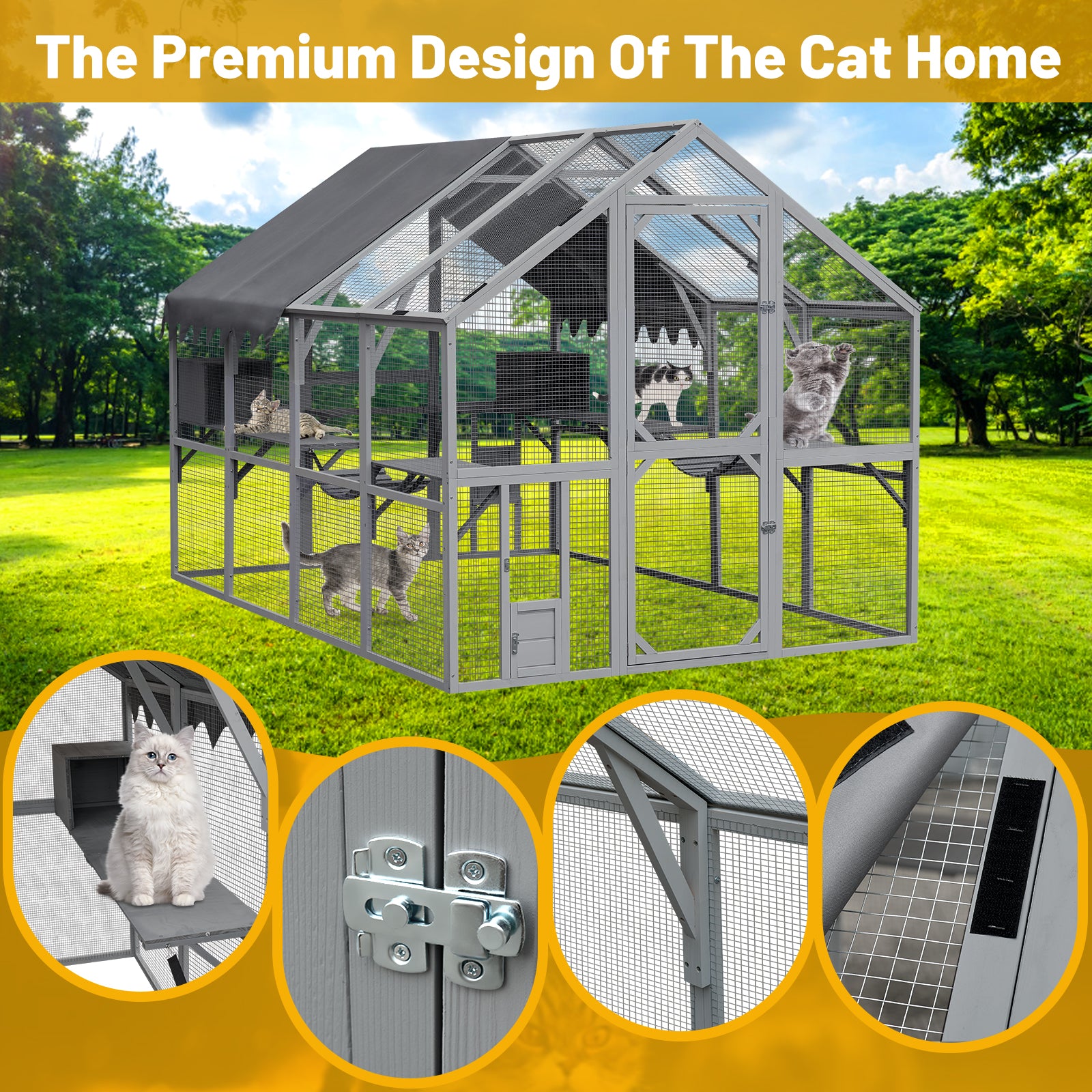 Large outdoor cat enclosure grey wood and mesh with multiple levels and cats lounging inside