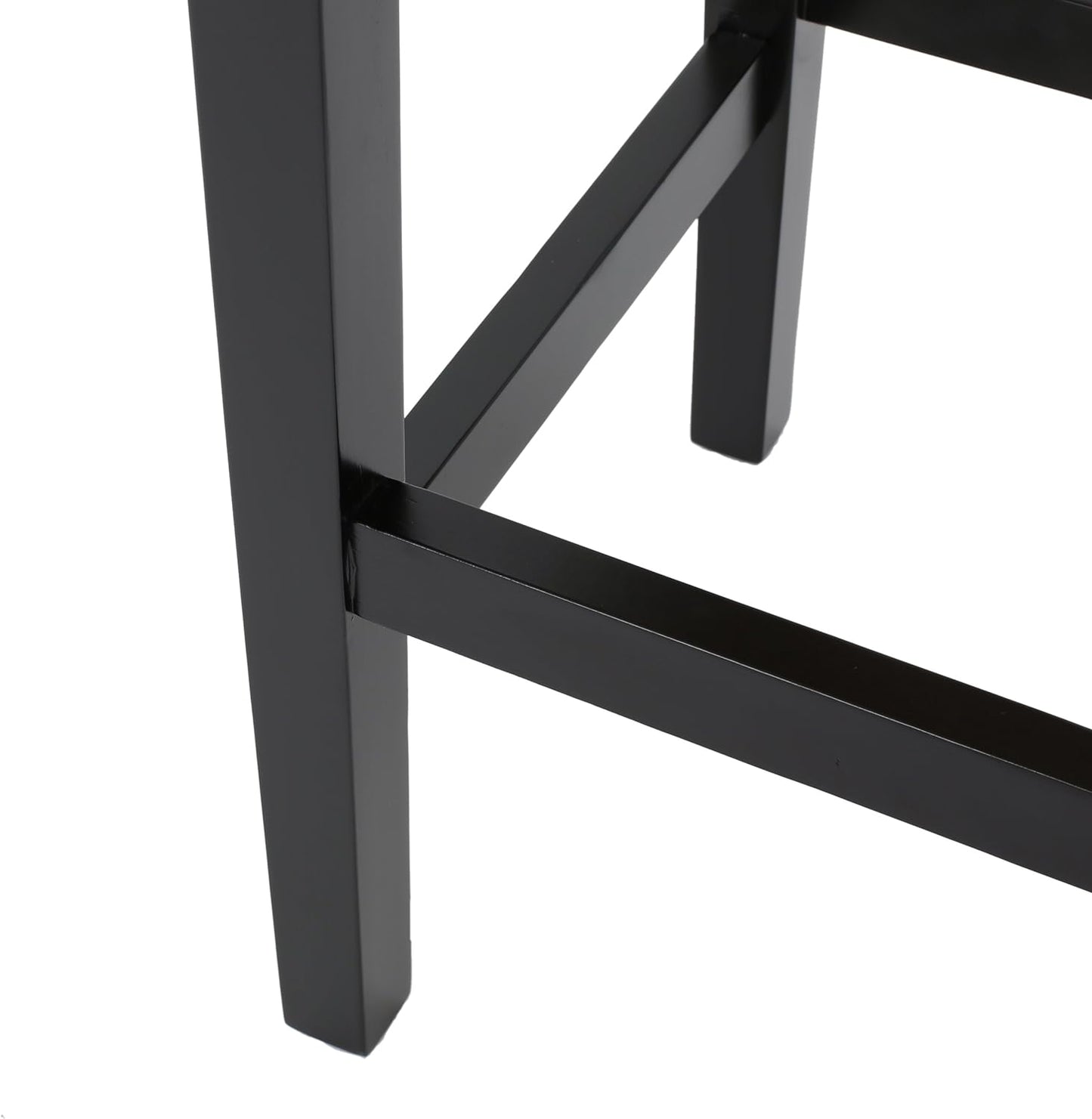 Closeup of black wooden bar stool legs with sturdy crossbars for stability