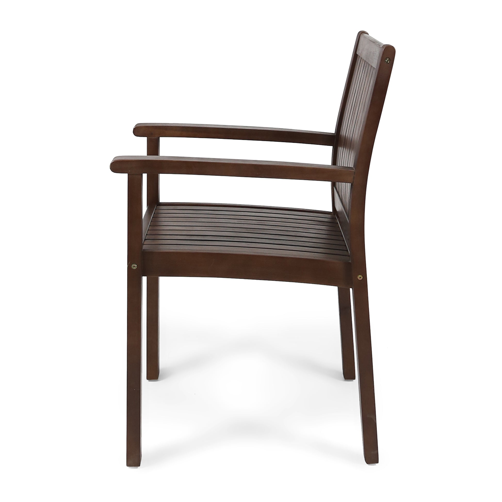 Dark brown wooden outdoor chair with slatted seat and back