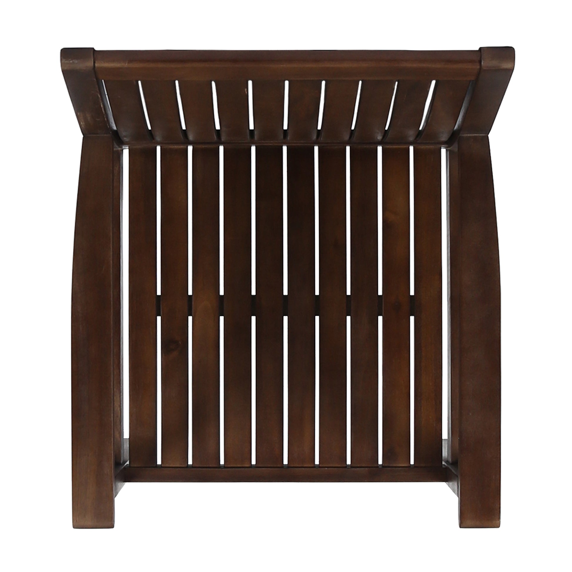 Dark brown wooden slatted side table perfect for outdoor patio use
