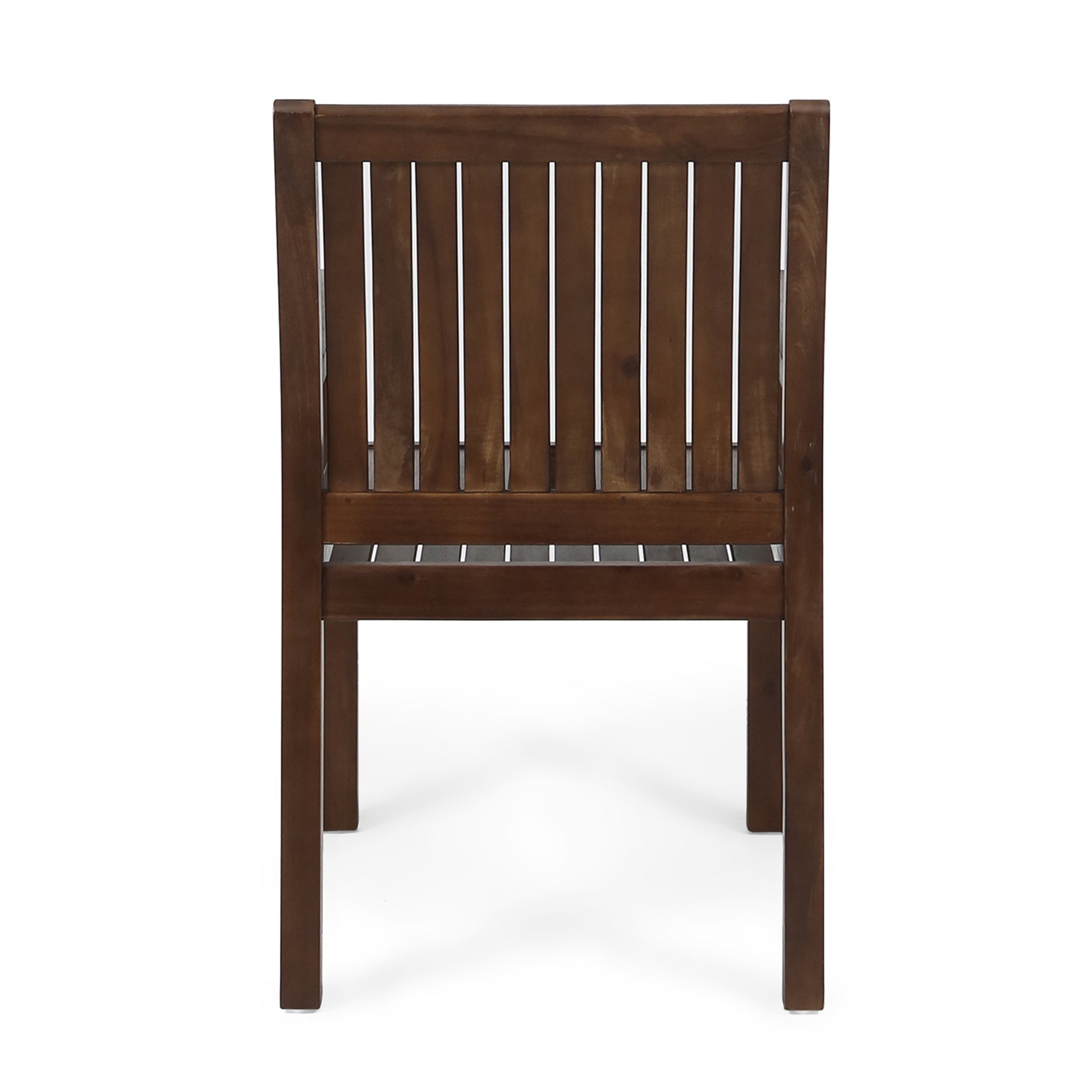Dark brown wooden outdoor chair with a slatted back and seat for patio seating