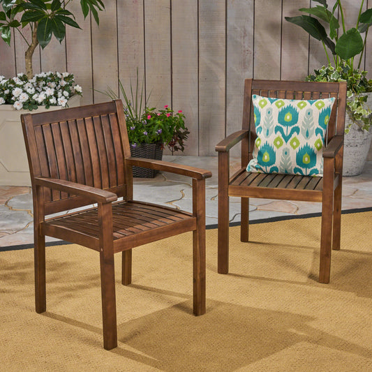 Dark brown wooden armchair with slatted seat and back for outdoor relaxation