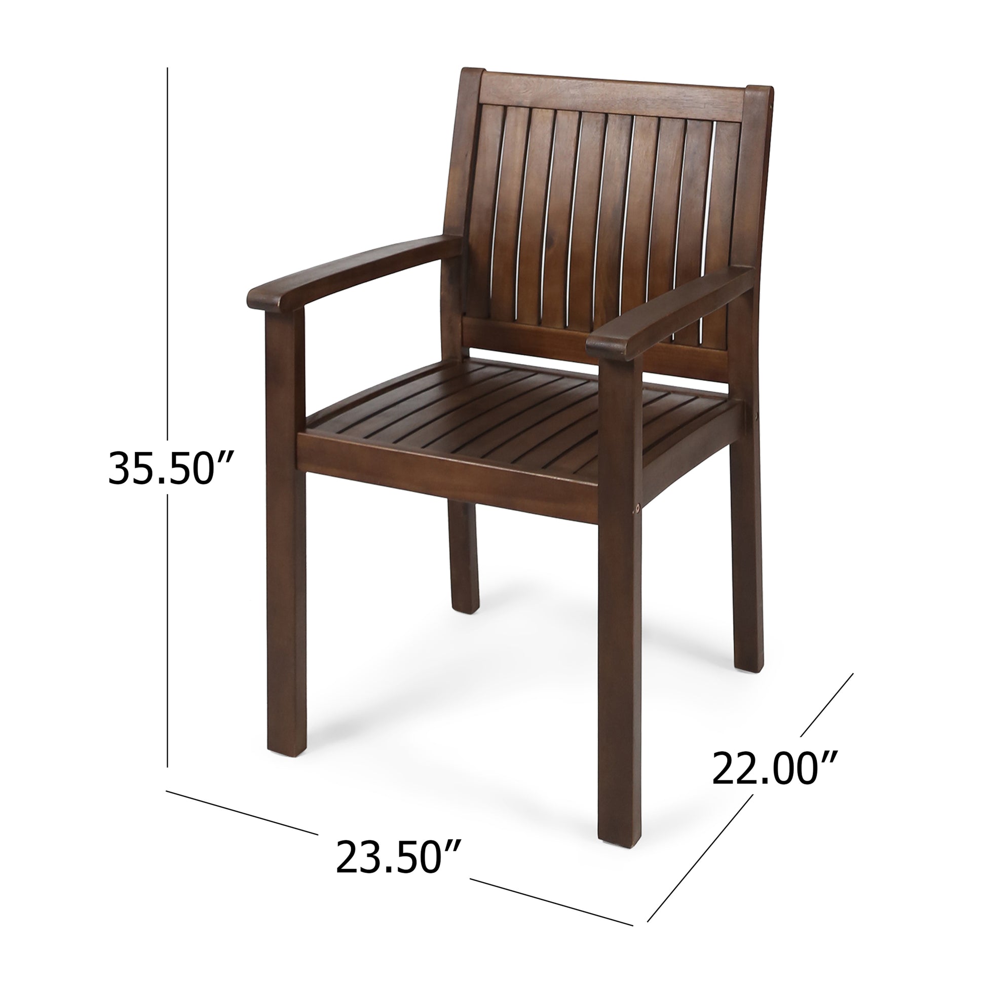 Dark brown wooden dining chair with slatted seat and back for outdoor seating