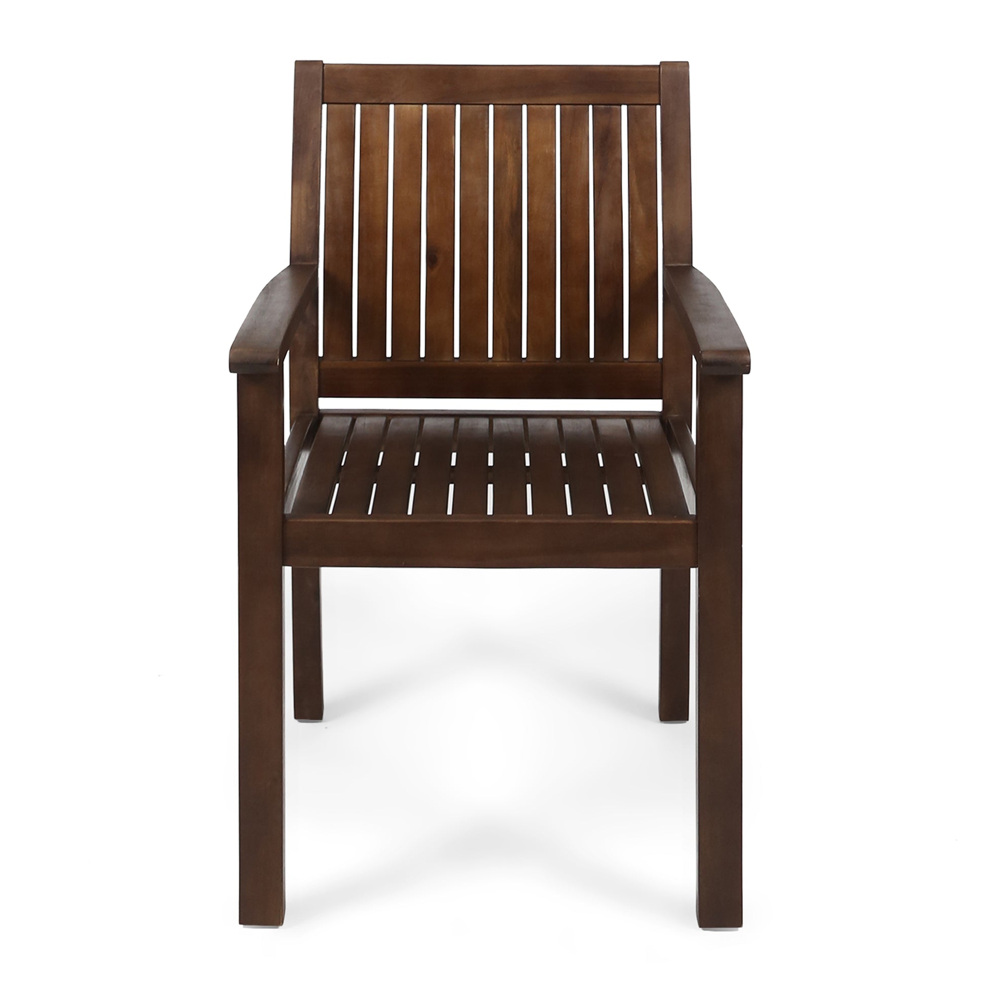 Dark wood patio chair with slatted seat and back outdoor seating solution