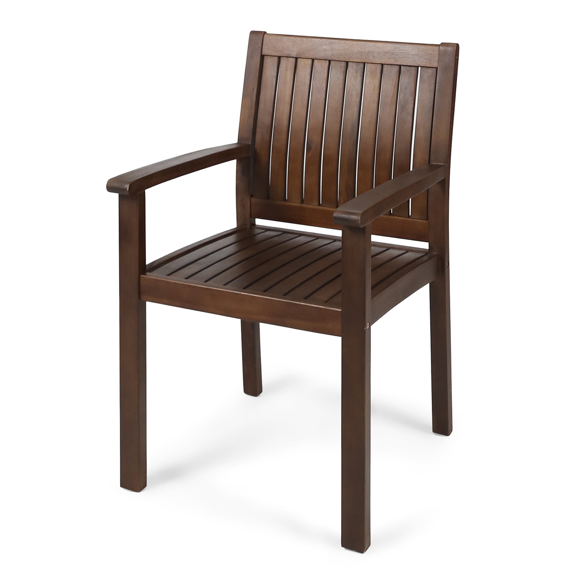 Dark brown wooden outdoor chair with slatted seat and back