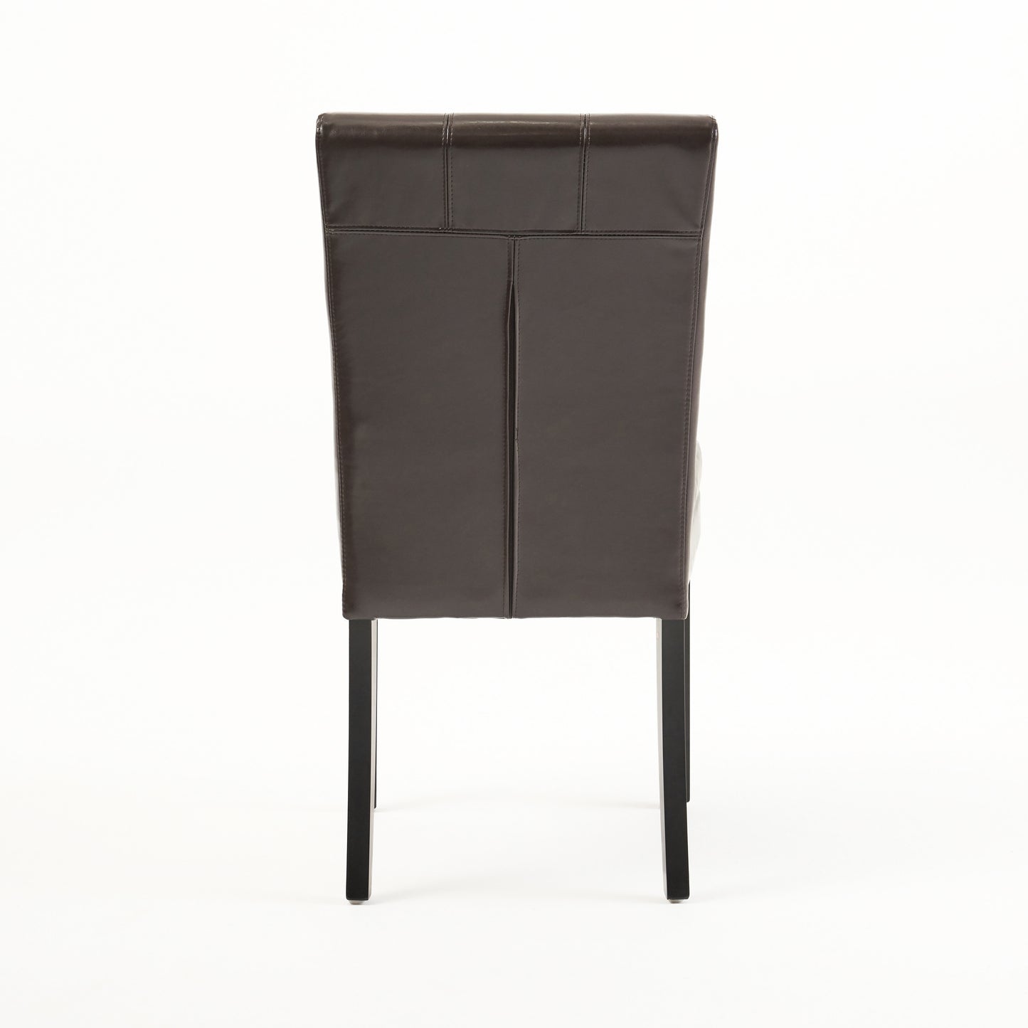 Dark brown faux leather dining chair with stitched paneling and a straight back