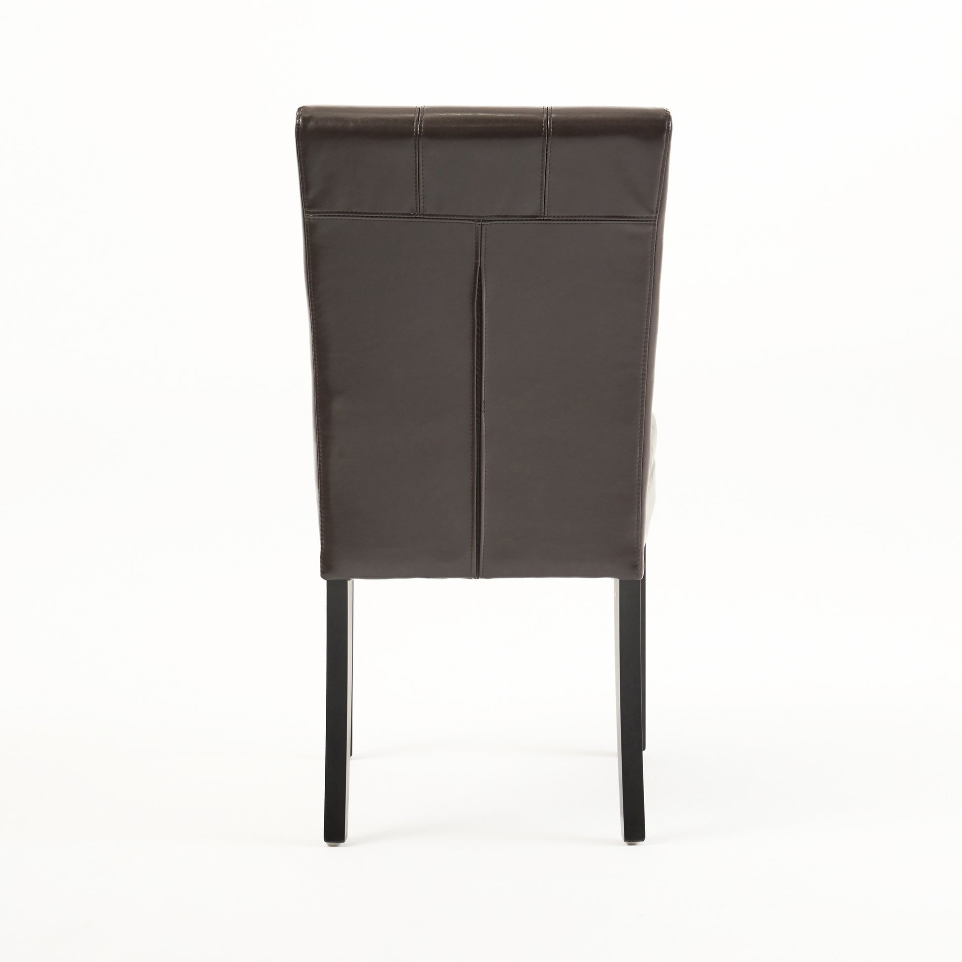 Dark brown faux leather dining chair with stitched paneling and a straight back