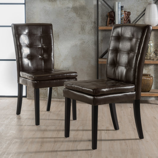 Tufted dark brown faux leather dining chair with padded seat and back