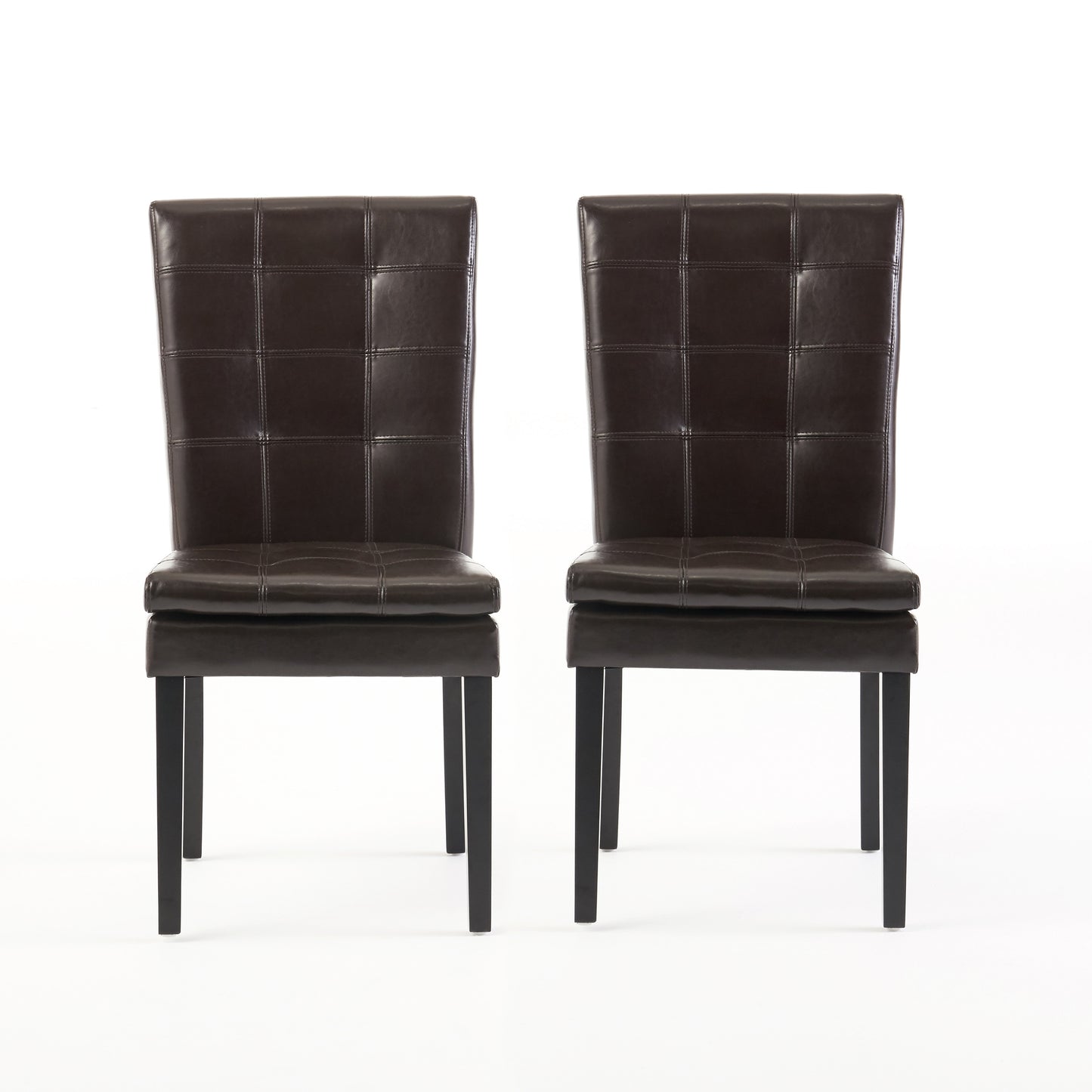 Two dark brown faux leather dining chairs with tufted backs and black metal legs