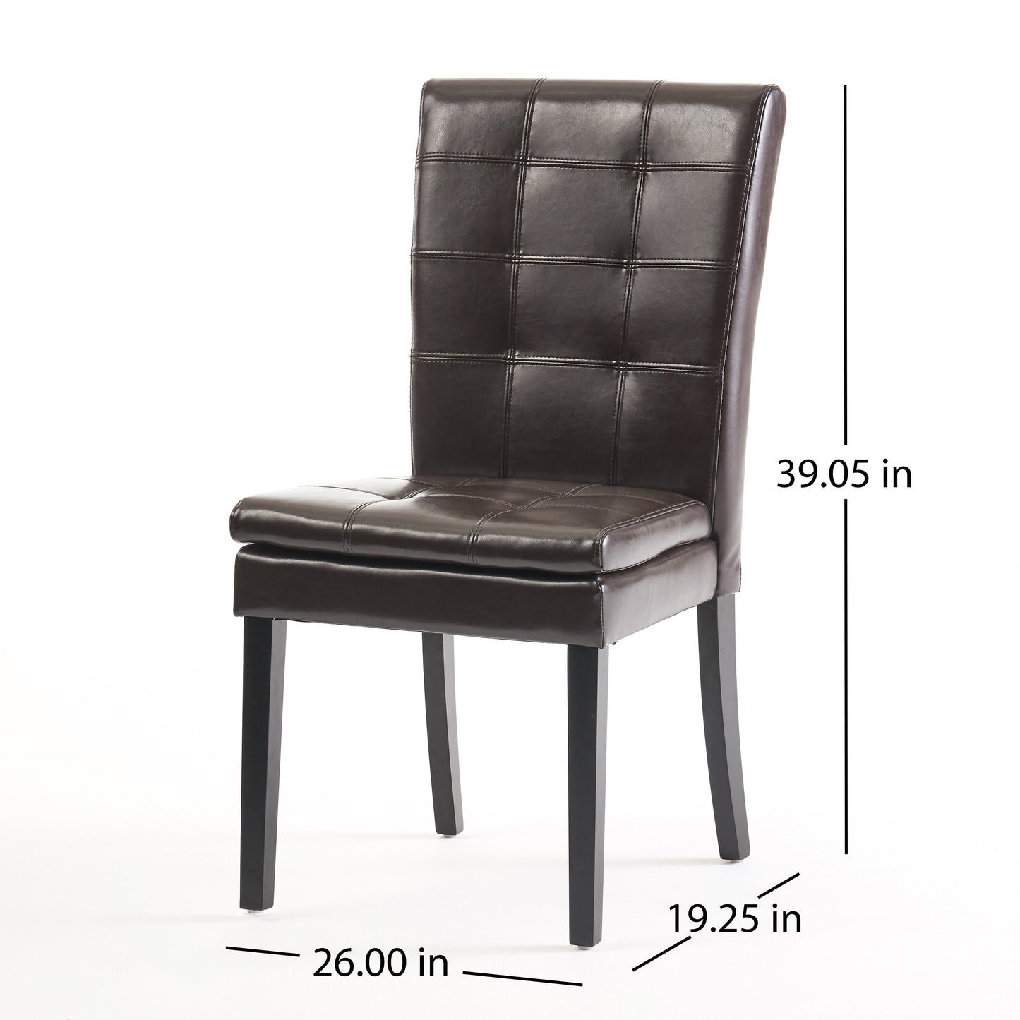 Tufted dark brown faux leather dining chair with square stitching detail