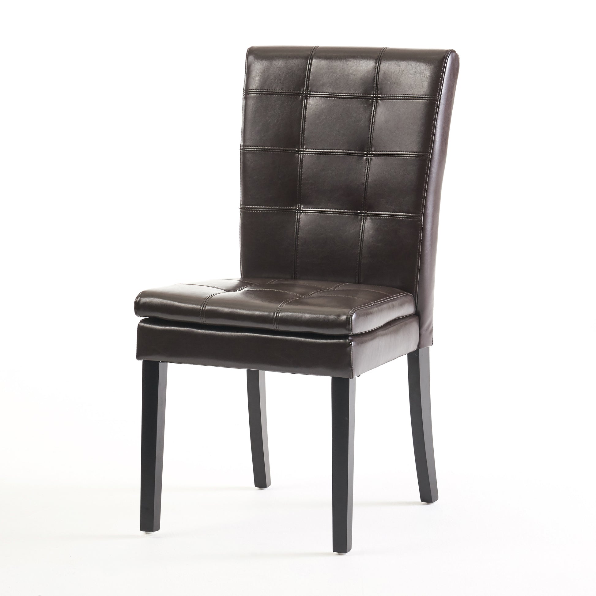 Tufted dark brown faux leather dining chair with clean lines and black wood legs