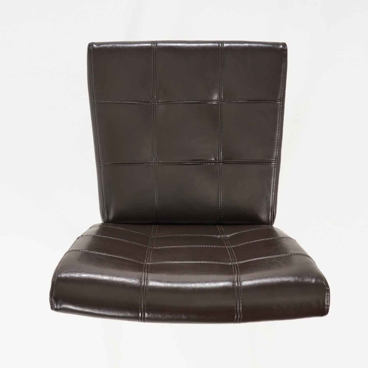 Brown faux leather dining chair with stitched square tufting on backrest and seat