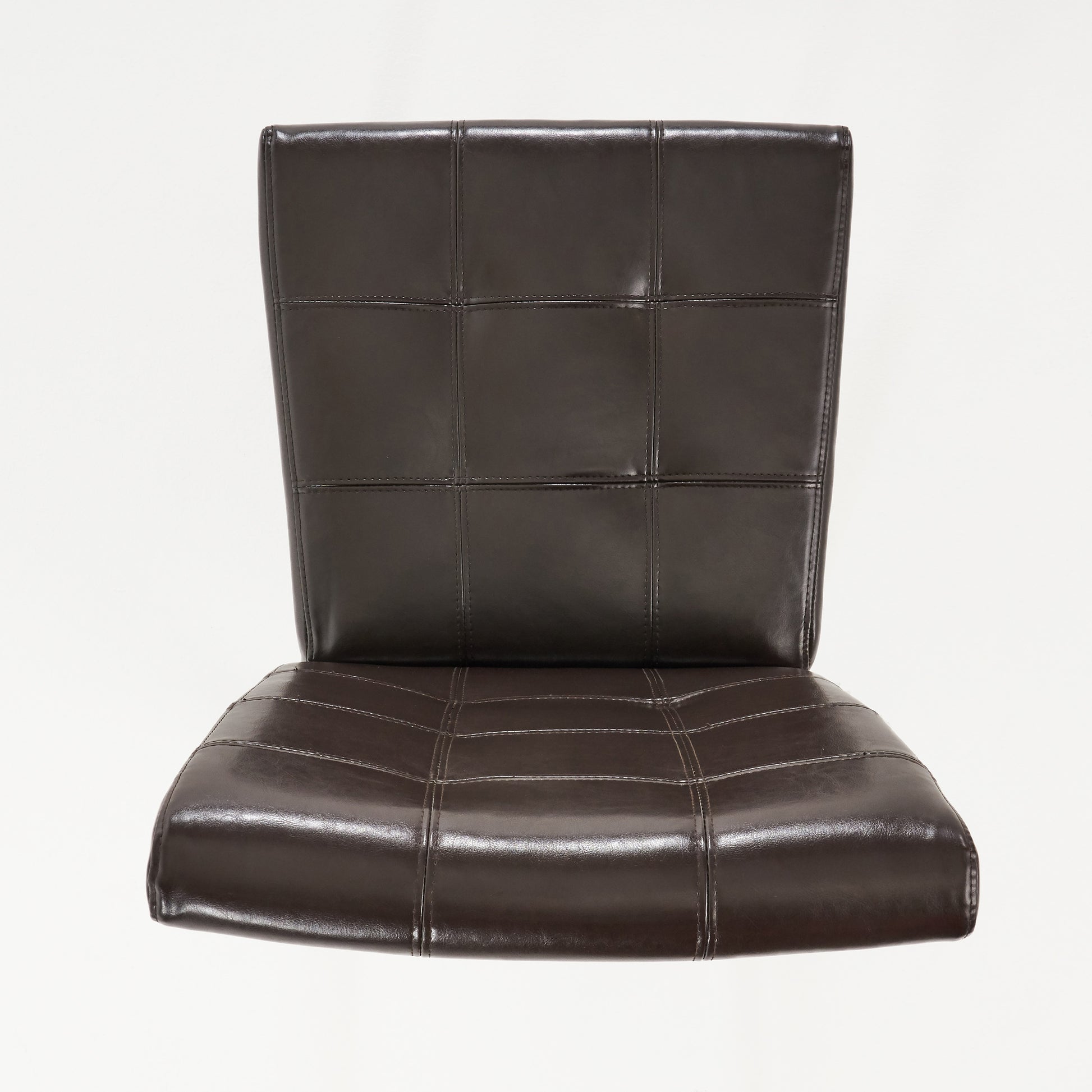 Brown faux leather dining chair with stitched square tufting on backrest and seat