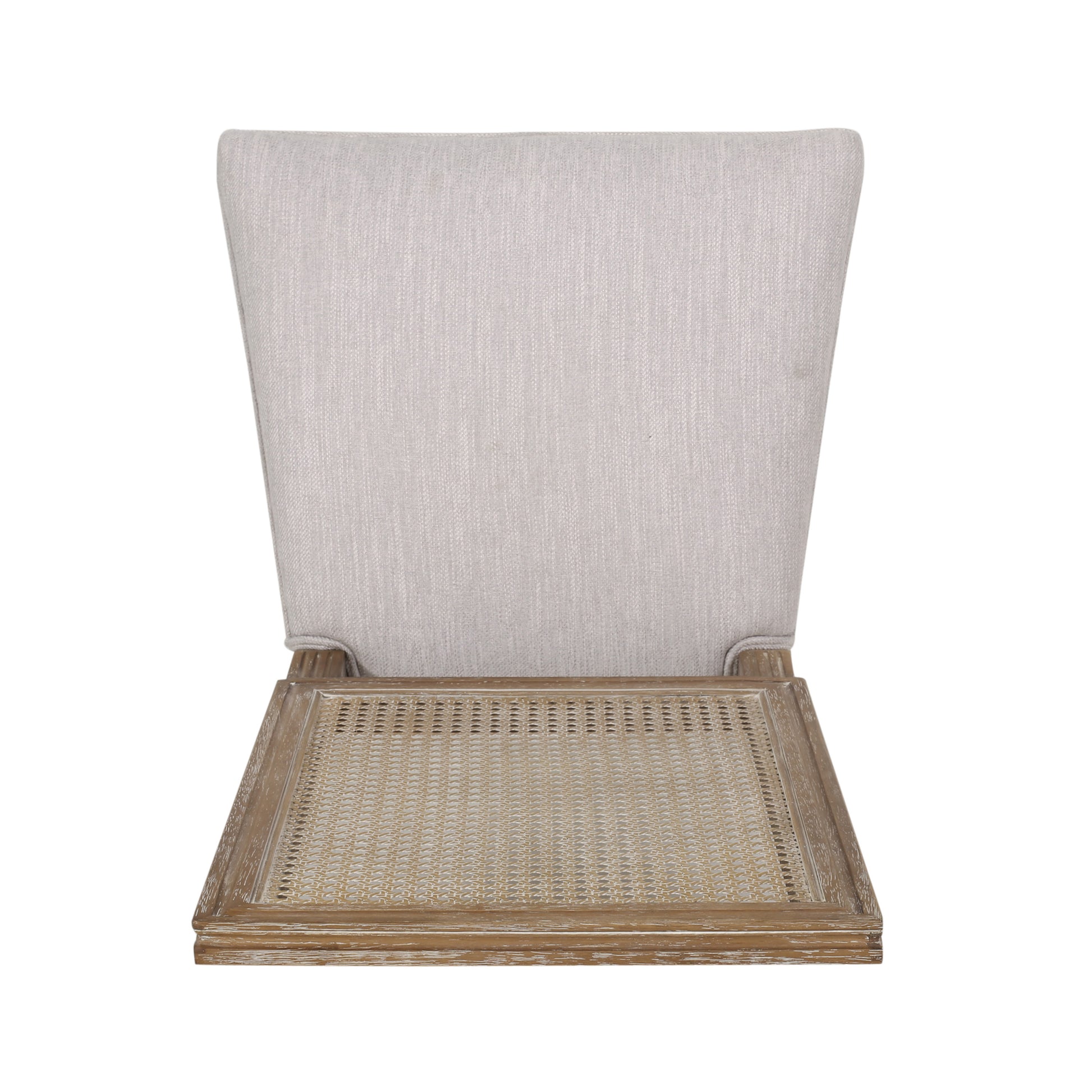 Light gray upholstered chair with a cane seat and distressed wooden frame