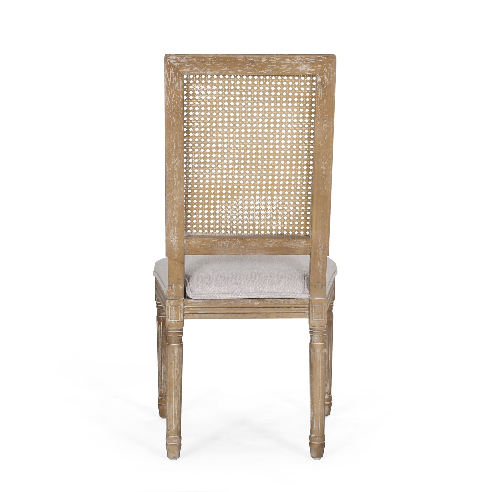 Weathered oak dining chair with cane back and upholstered seat