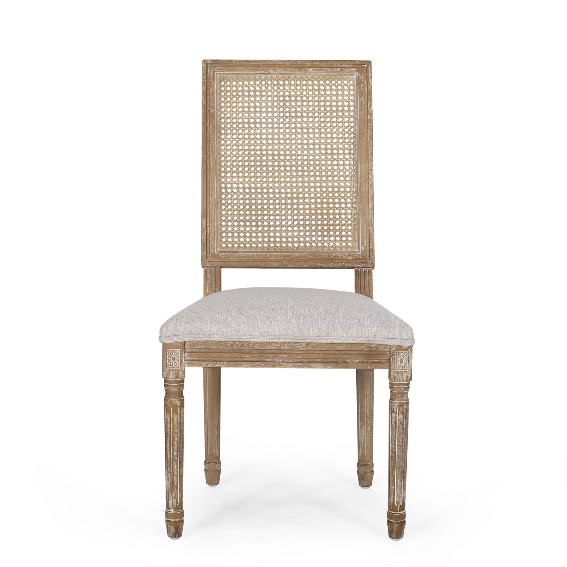 Rustic wood cane back dining chair with neutral upholstered seat