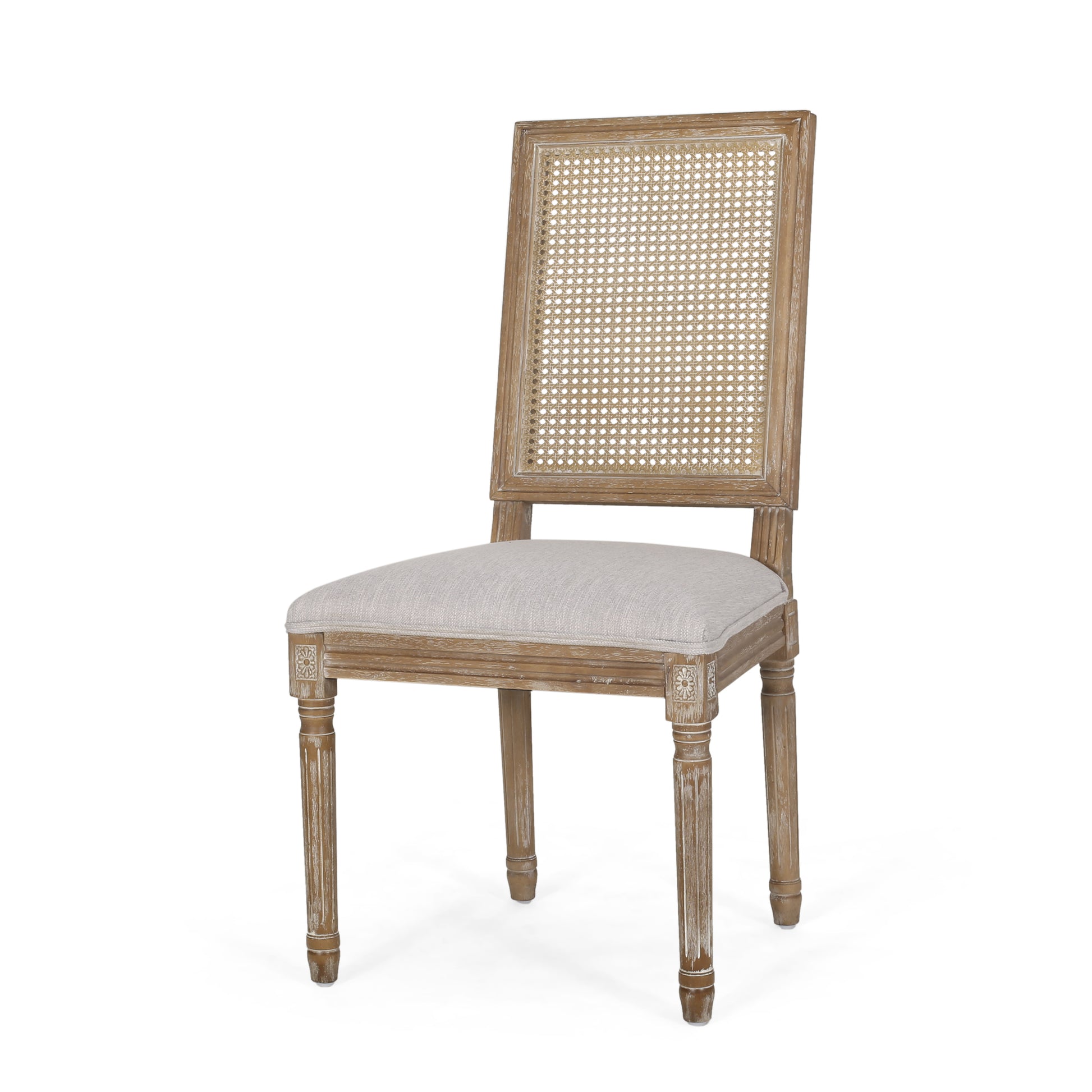 Rustic wood dining chair with cane back and upholstered seat