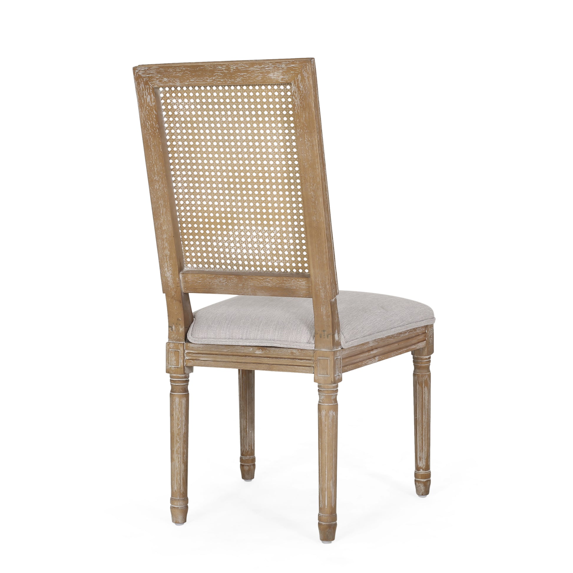 Weathered oak dining chair with cane back and upholstered seat