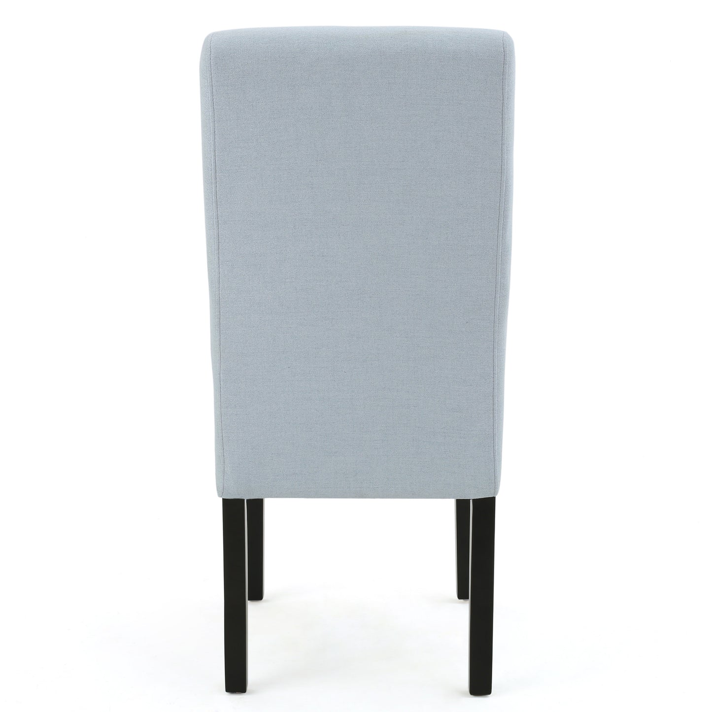 Light blue upholstered dining chair with tufted back and dark wood legs